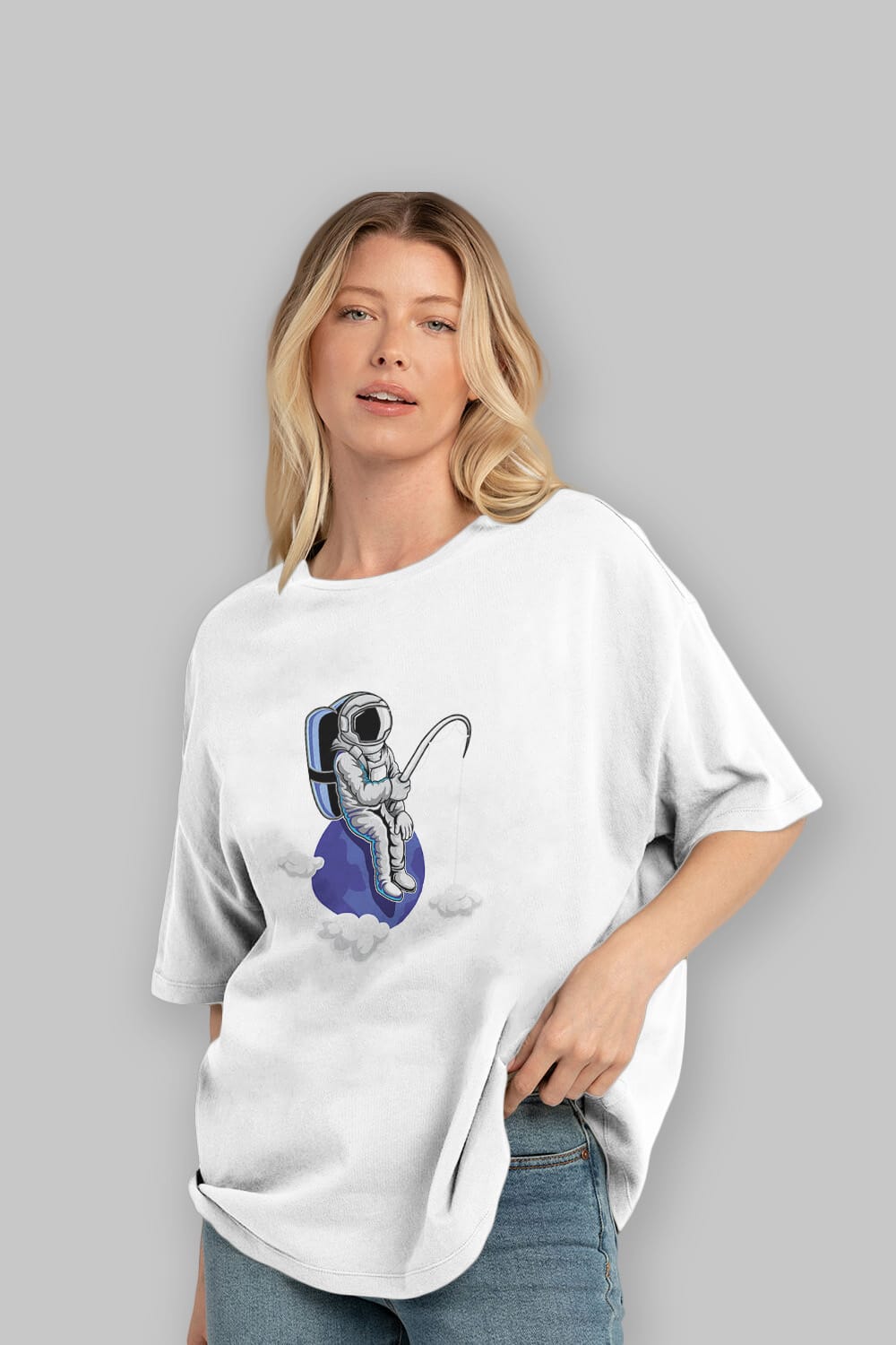 Astronaut Fishing Sticker Ön Baskılı Oversize t-shirt Erkek Kadın Unisex
