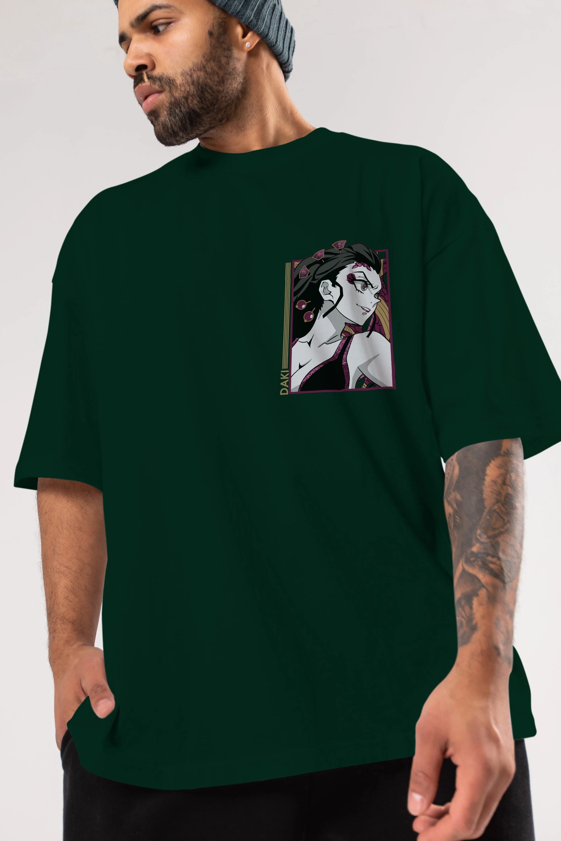 Daki DEMION SLAYER Ön Sol Baskılı Oversize t-shirt Erkek Kadın Unisex %100 Pamuk Bisiklet Yaka tişort