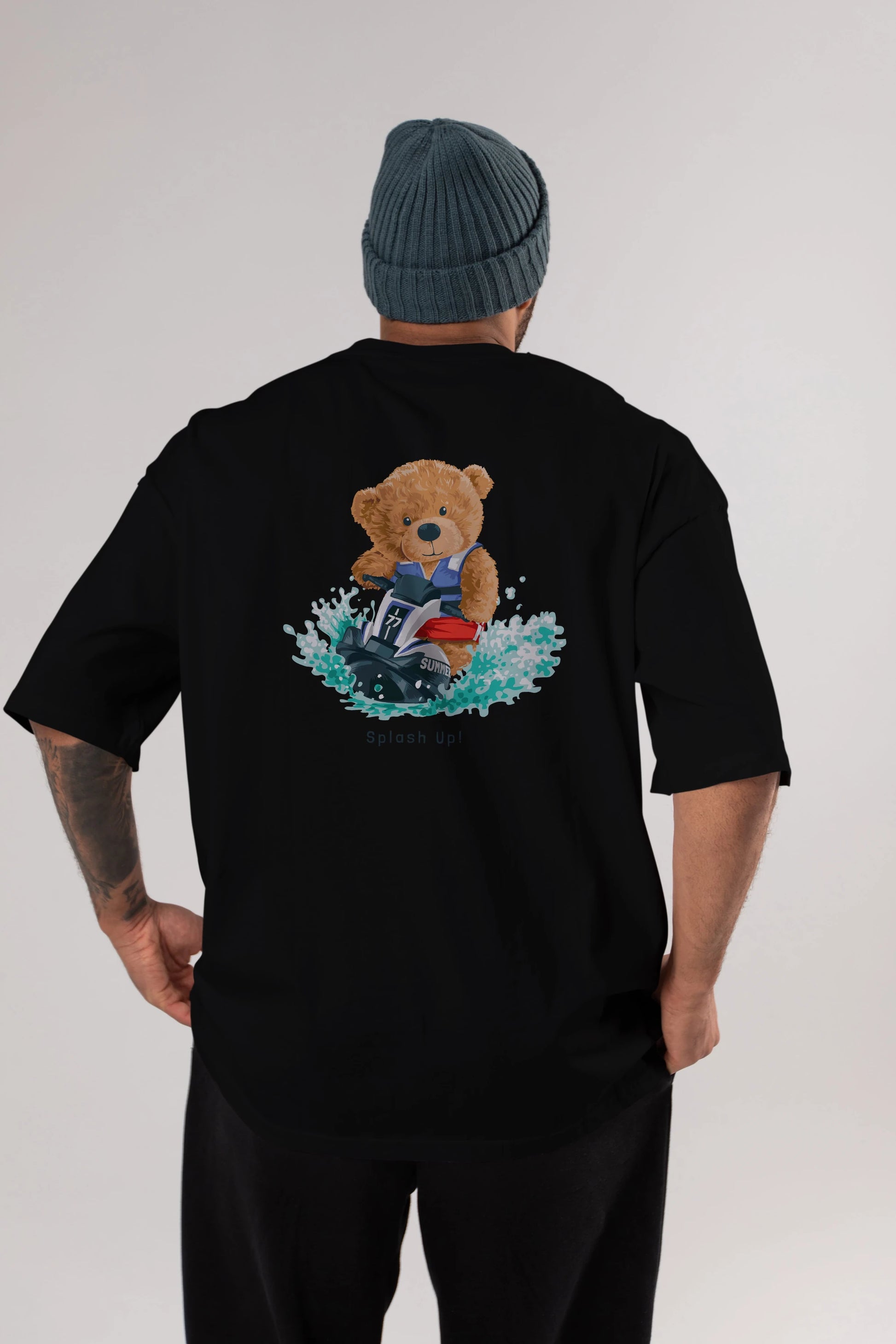 Teddy Bear Splash Up Arka Baskılı Oversize t-shirt Erkek Kadın Unisex %100 Pamuk