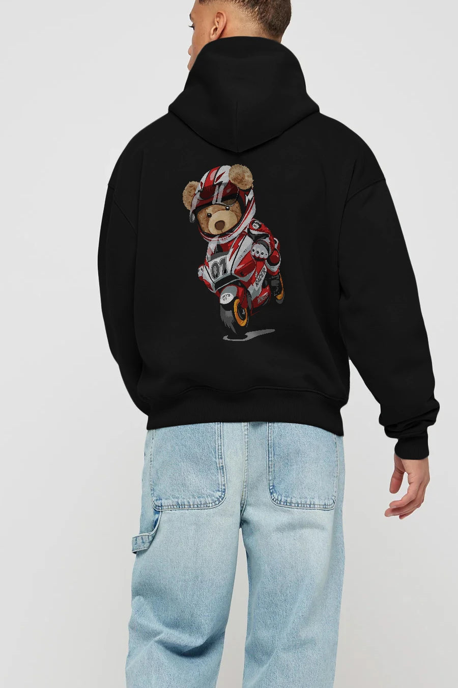Teddy Bear Racer Arka Baskılı Hoodie Oversize Kapüşonlu Sweatshirt Erkek Kadın Unisex