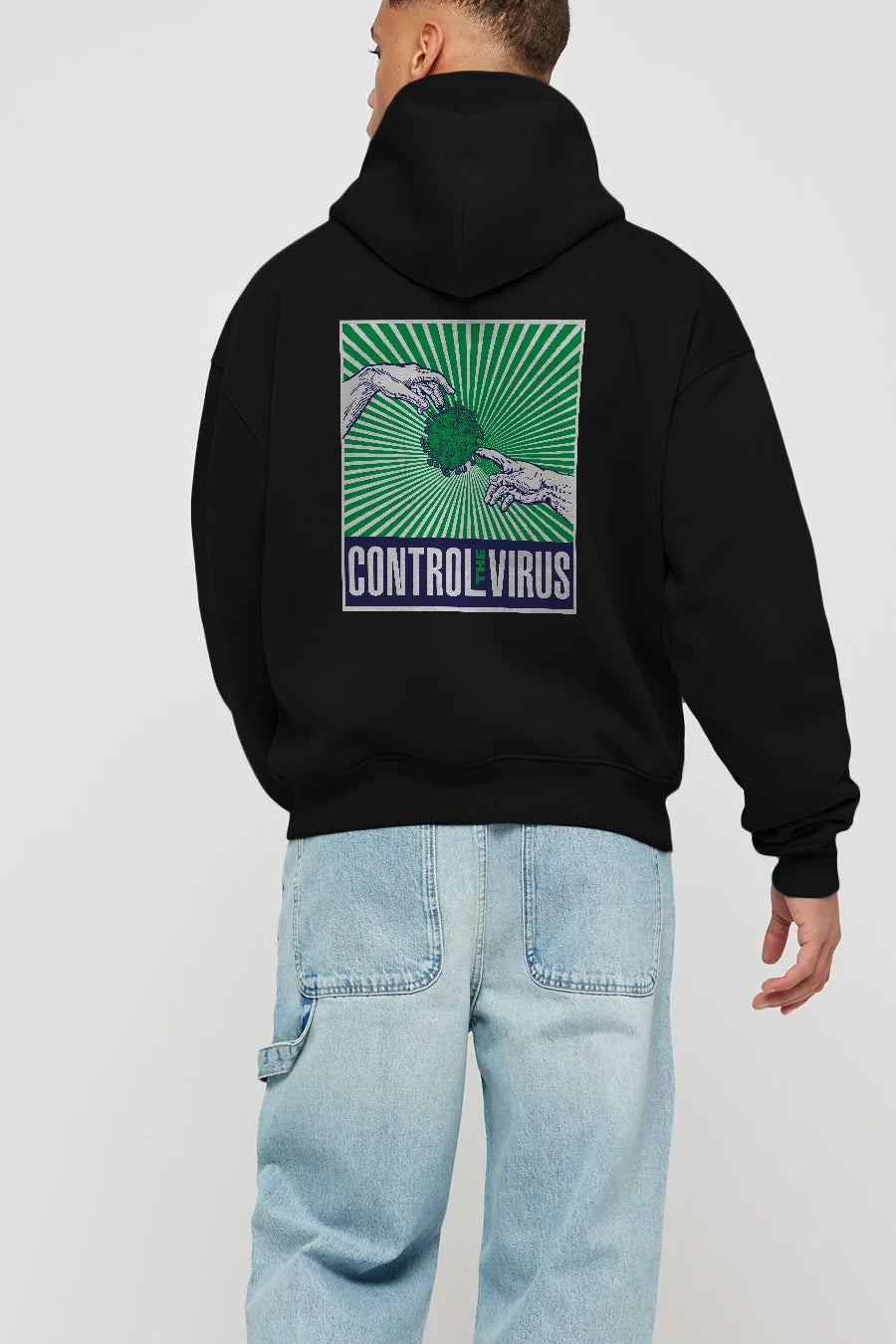 Control The Virus Arka Baskılı Hoodie Oversize Kapüşonlu Sweatshirt Erkek Kadın Unisex