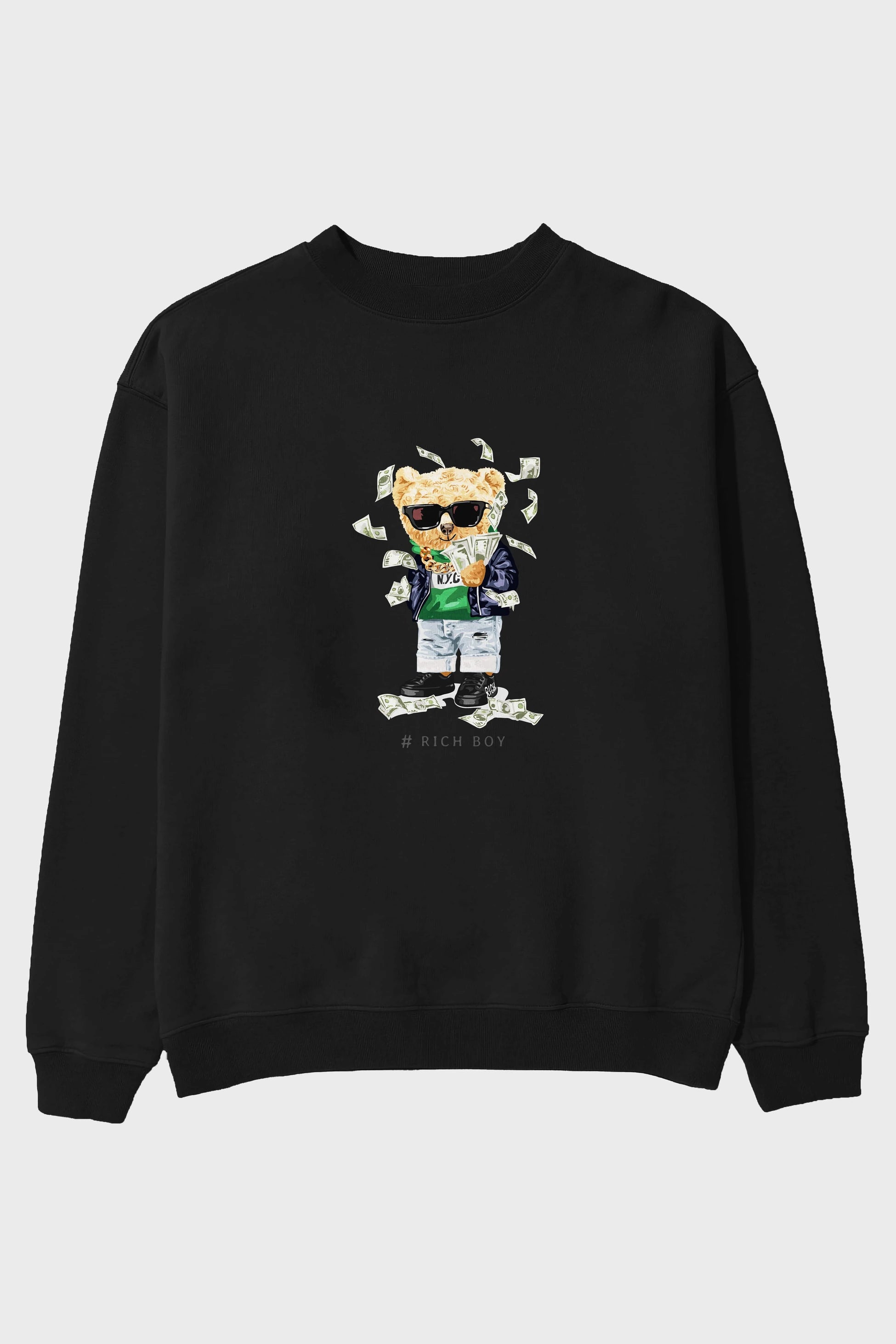 Teddy Bear Rich Boy Ön Baskılı Oversize Sweatshirt Erkek Kadın Unisex