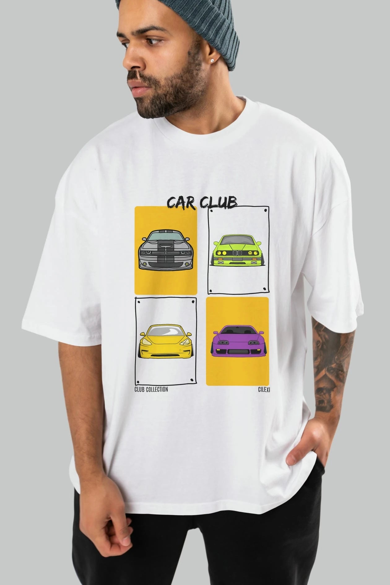 Car Club ön Baskılı Oversize t-shirt Erkek Kadın %100 Pamuk Bisiklet Yaka tişort