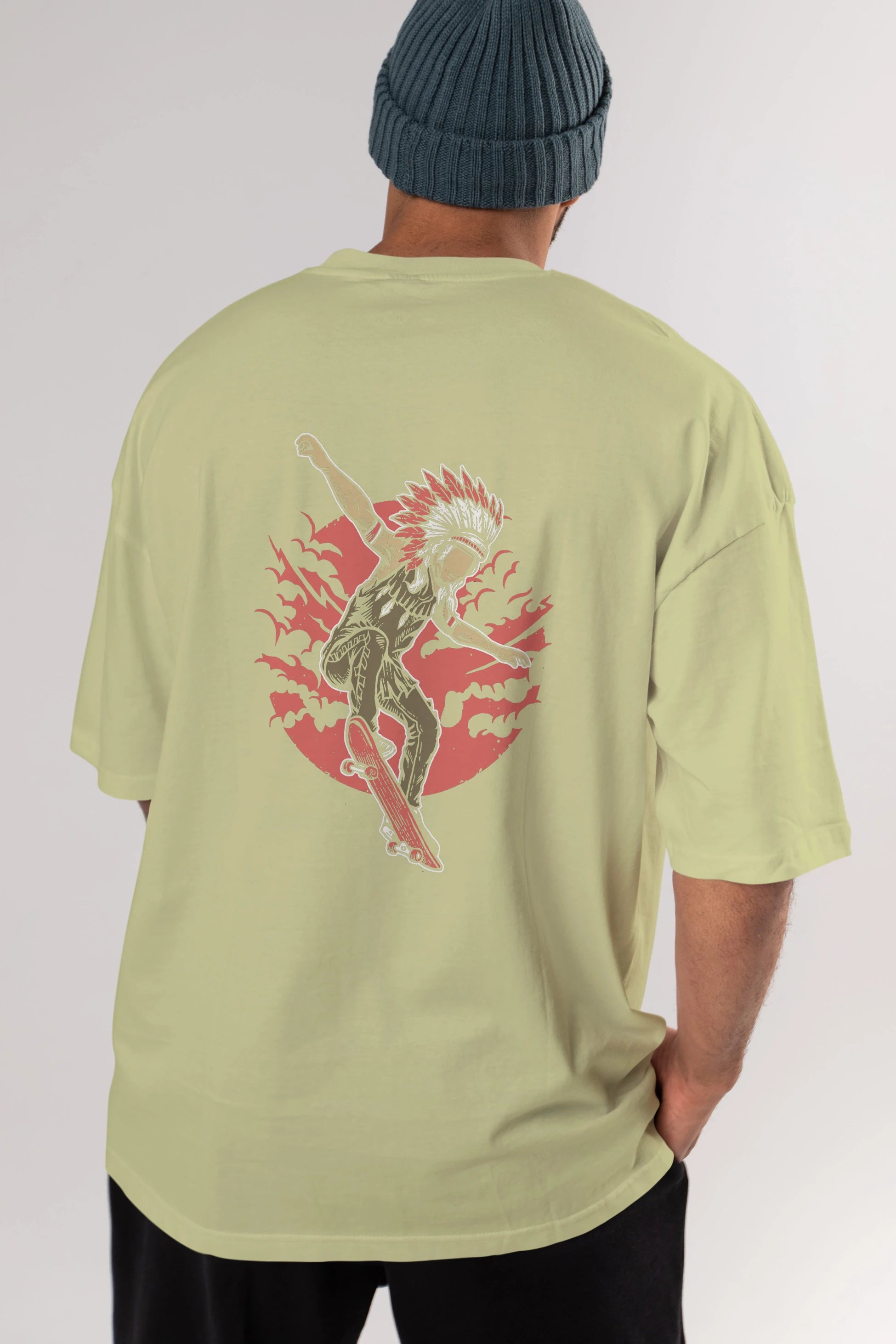 Indian Chief Skateboard Arka Baskılı Oversize t-shirt Erkek Kadın Unisex %100 Pamuk