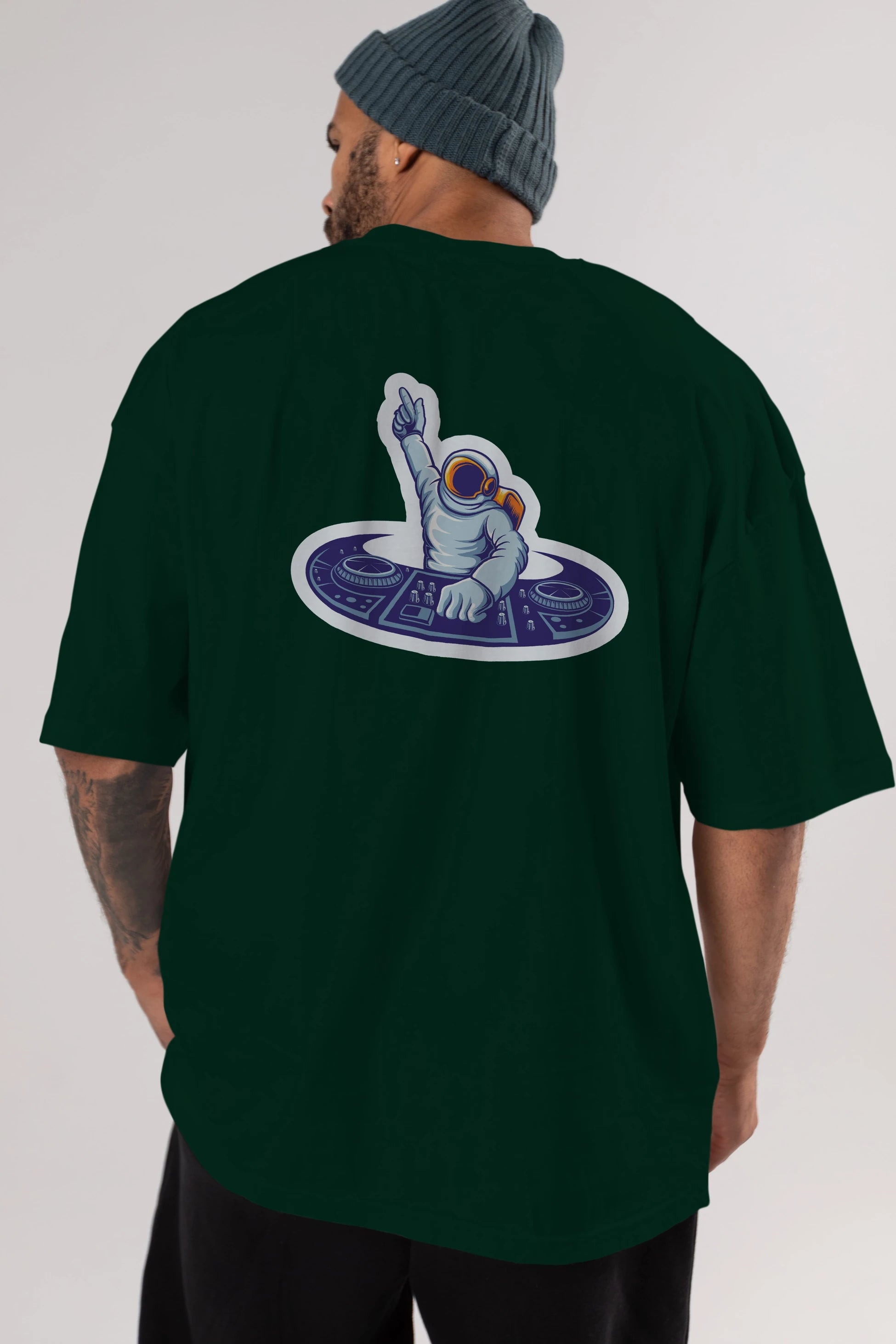 Astronaut Disk Jockey Party Sticker Arka Baskılı Oversize t-shirt Erkek Kadın Unisex