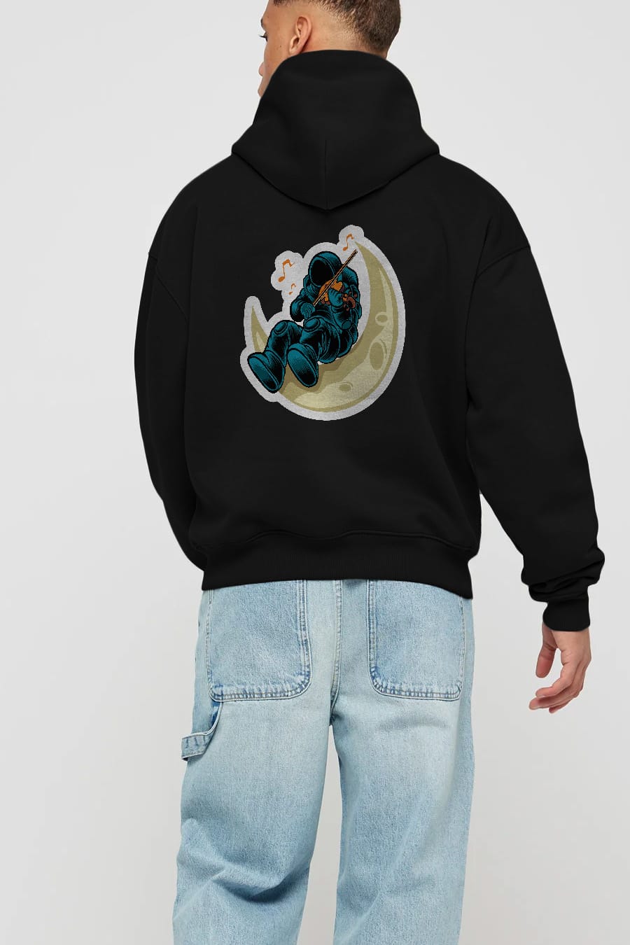 Playing Vionist in Space Sticker Arka Baskılı Hoodie Oversize Kapüşonlu Sweatshirt Erkek Kadın Unisex