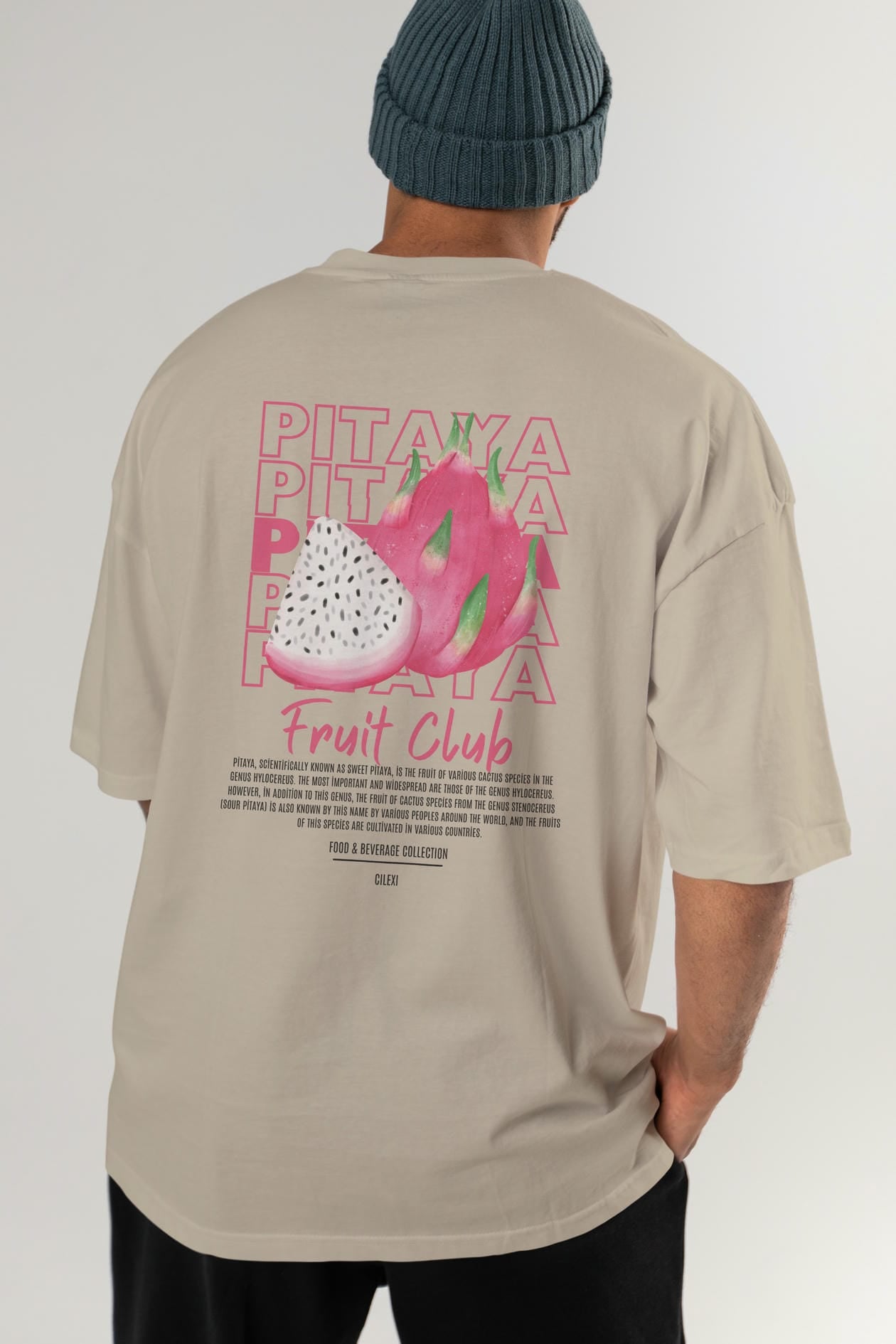 Pitaya Arka Baskılı Oversize t-shirt Erkek Kadın Pamuk Bisiklet Yaka tişort