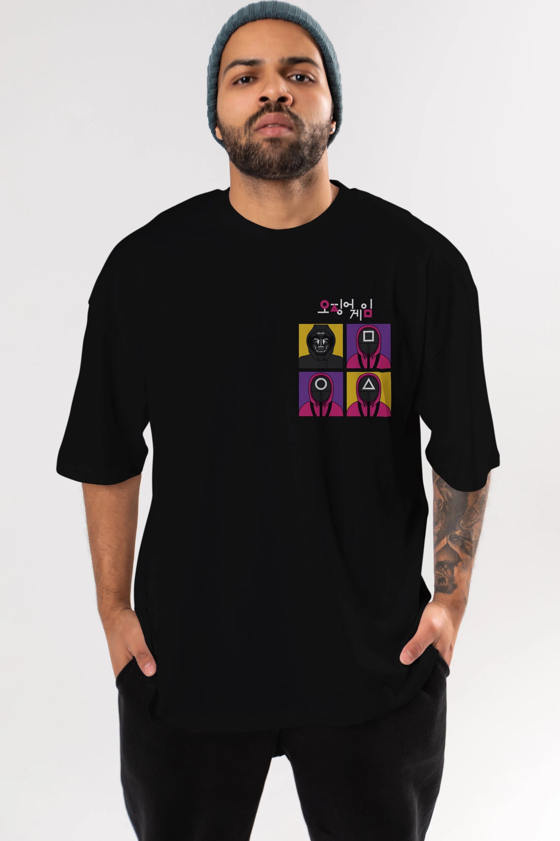 Squid Game (1) Ön Sol Baskılı Oversize t-shirt Erkek Kadın Unisex %100 Pamuk Bisiklet Yaka tişort