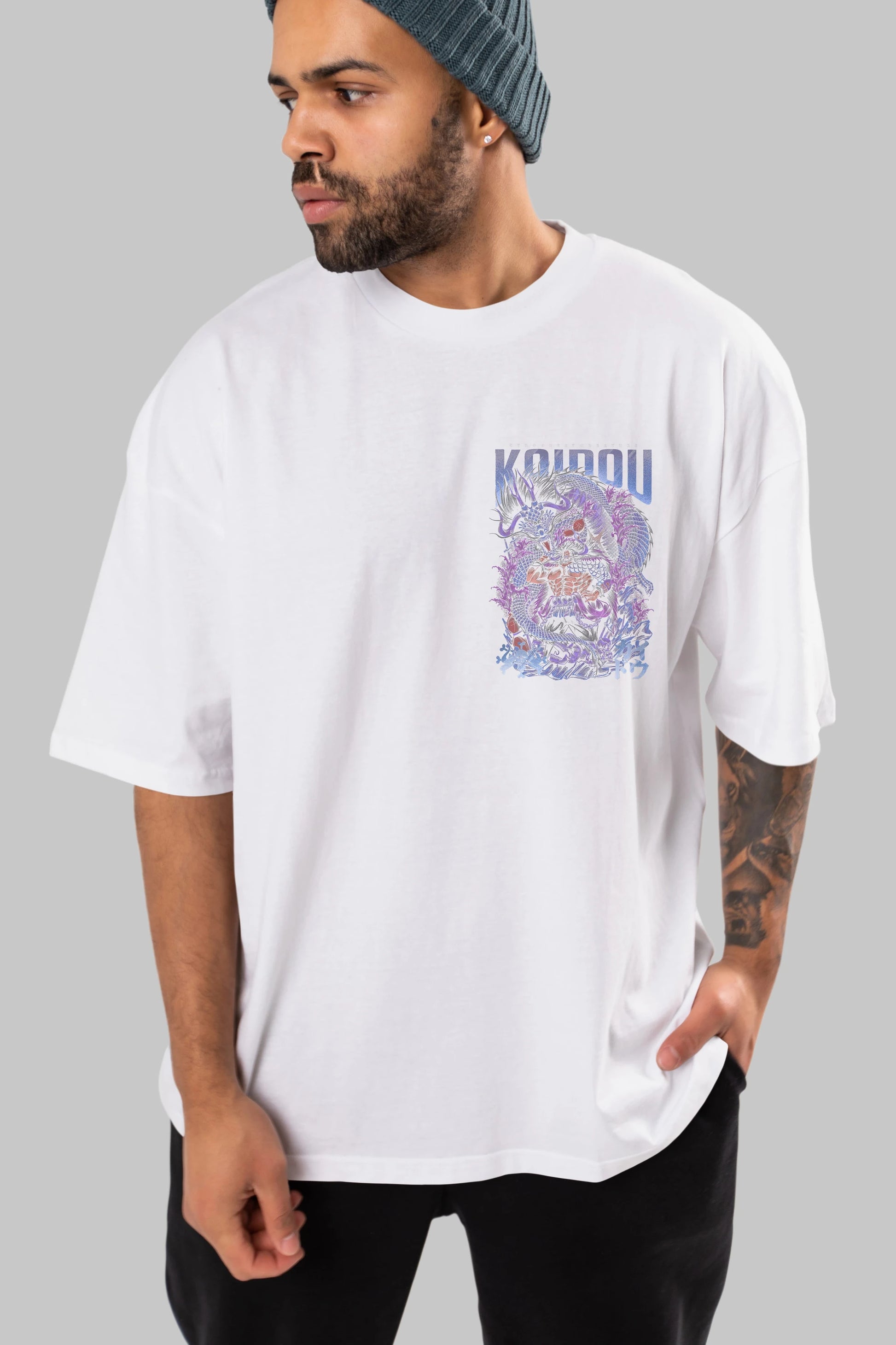 KAIDOU ONE PIECE Ön Sol Baskılı Oversize t-shirt Erkek Kadın Unisex %100 Pamuk Bisiklet Yaka tişort