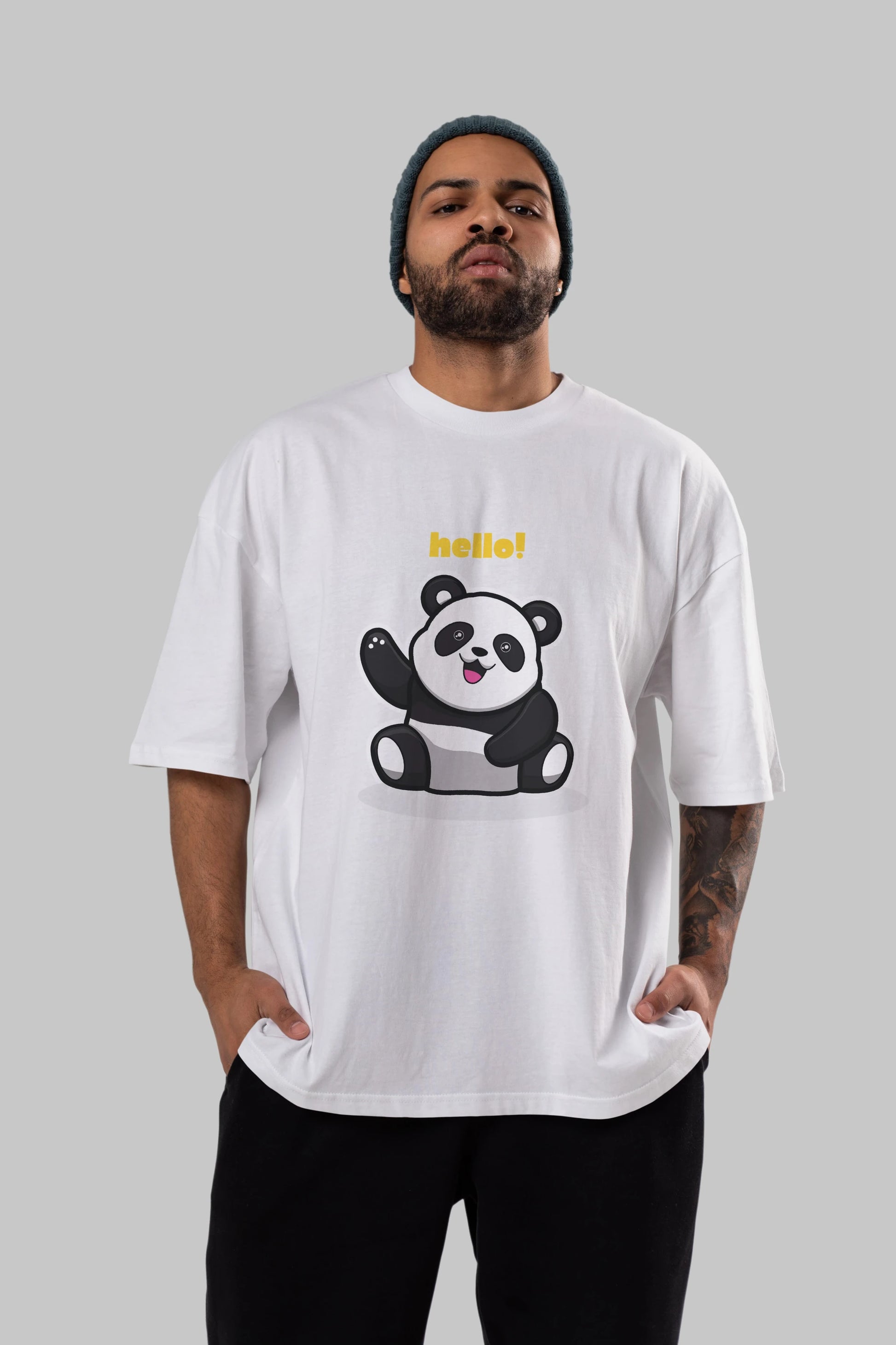 Hello Panda Ön Baskılı Oversize t-shirt Erkek Kadın Unisex