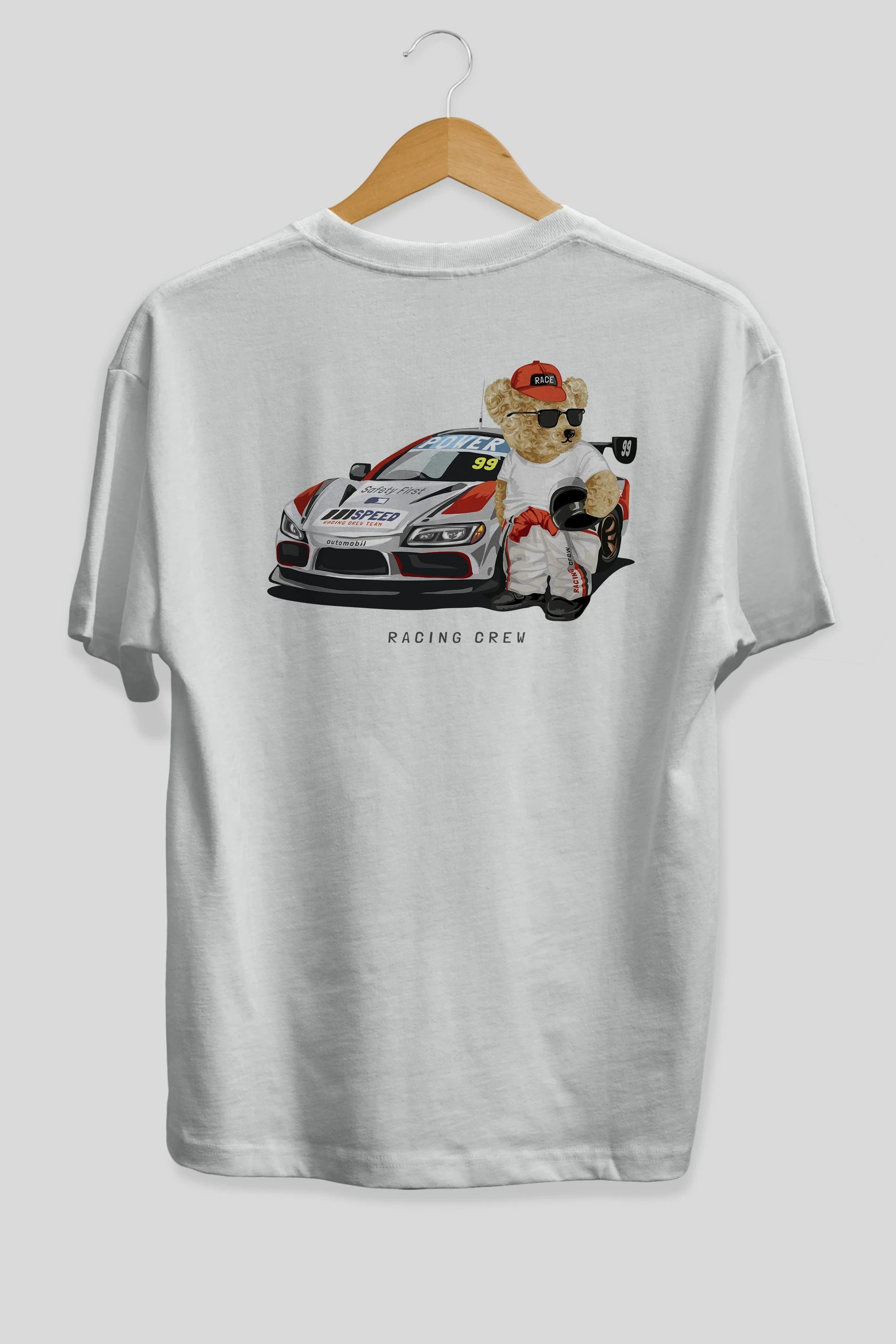 Teddy Bear Racing Crew Arka Baskılı Oversize t-shirt Erkek Kadın Unisex %100 Pamuk