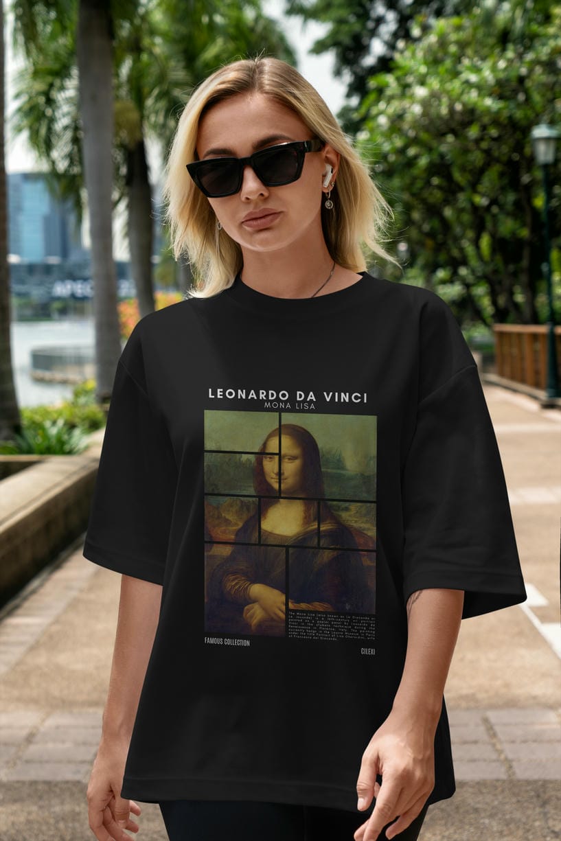 Leonardo Da Vinci Mona Lisa ön Baskılı Oversize t-shirt Erkek Kadın Bisiklet Yaka Pamuk tişort