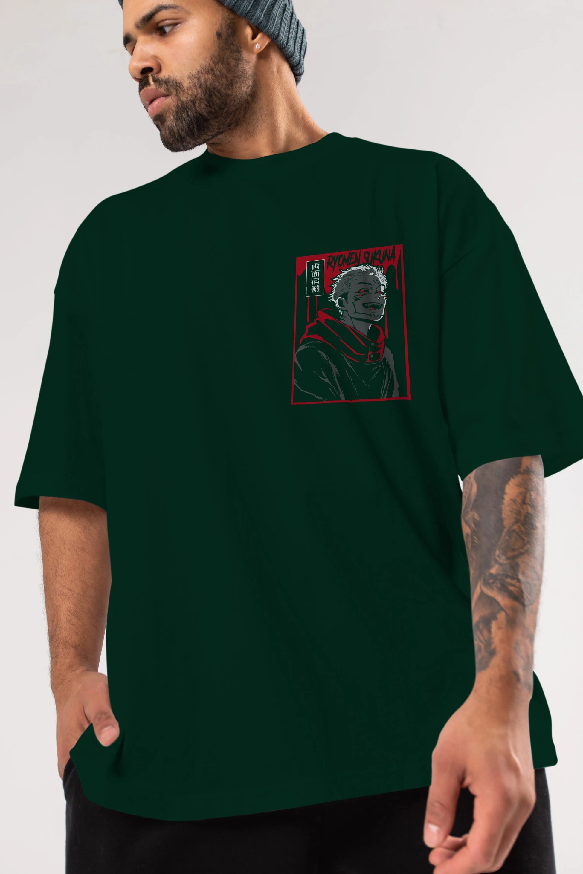 SUKUNA Ön Sol Baskılı Oversize t-shirt Erkek Kadın Unisex %100 Pamuk Bisiklet Yaka tişort