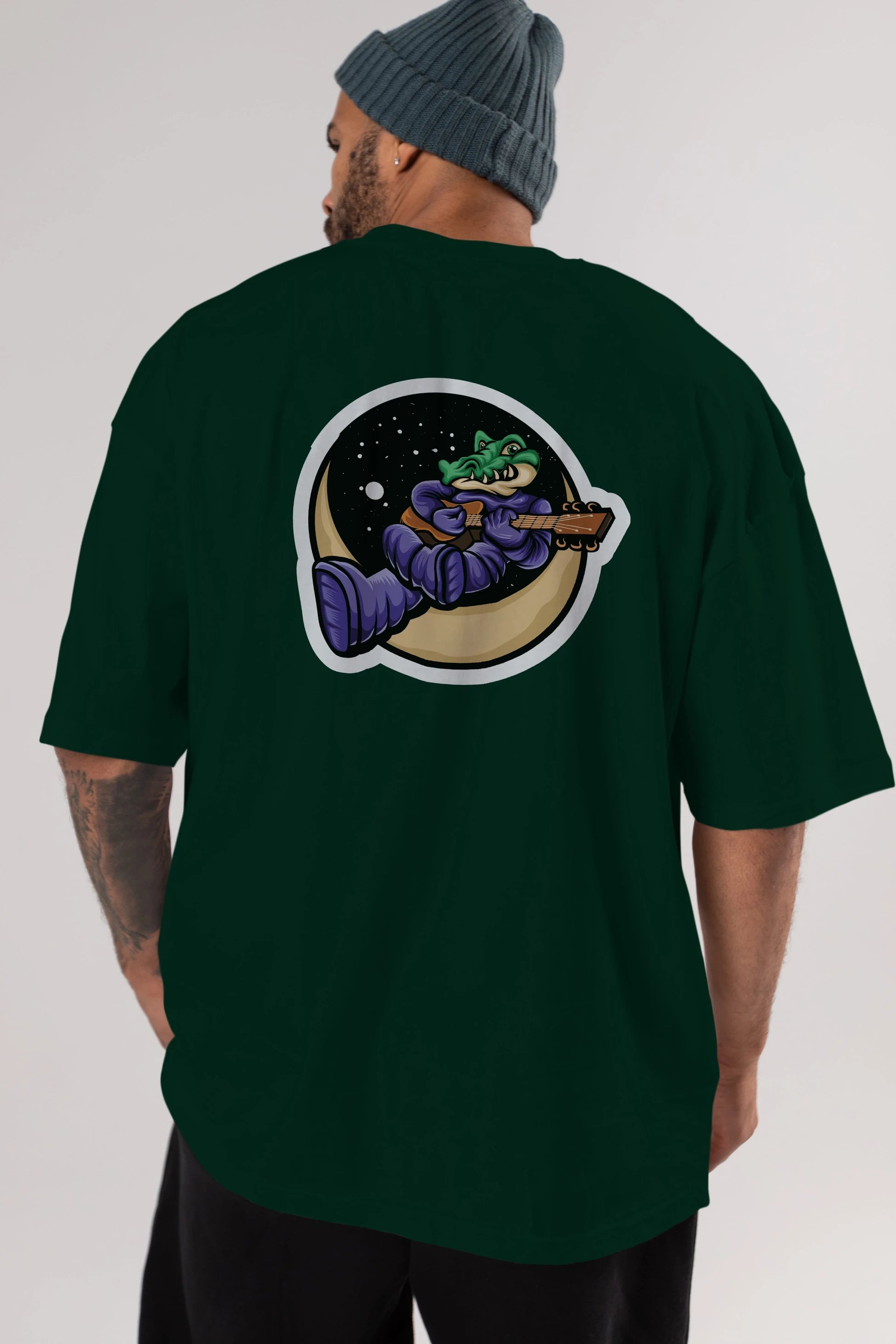 Space Crocodile Sticker Arka Baskılı Oversize t-shirt Erkek Kadın Unisex
