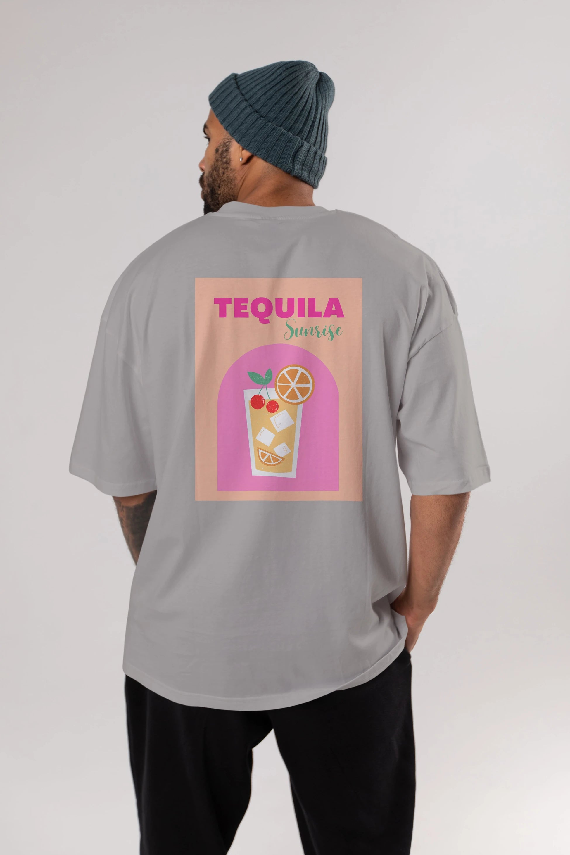 Tequila Sunrise 2 Arka Baskılı Oversize t-shirt Erkek Kadın Unisex %100 Pamuk Bisiklet Yaka tişort