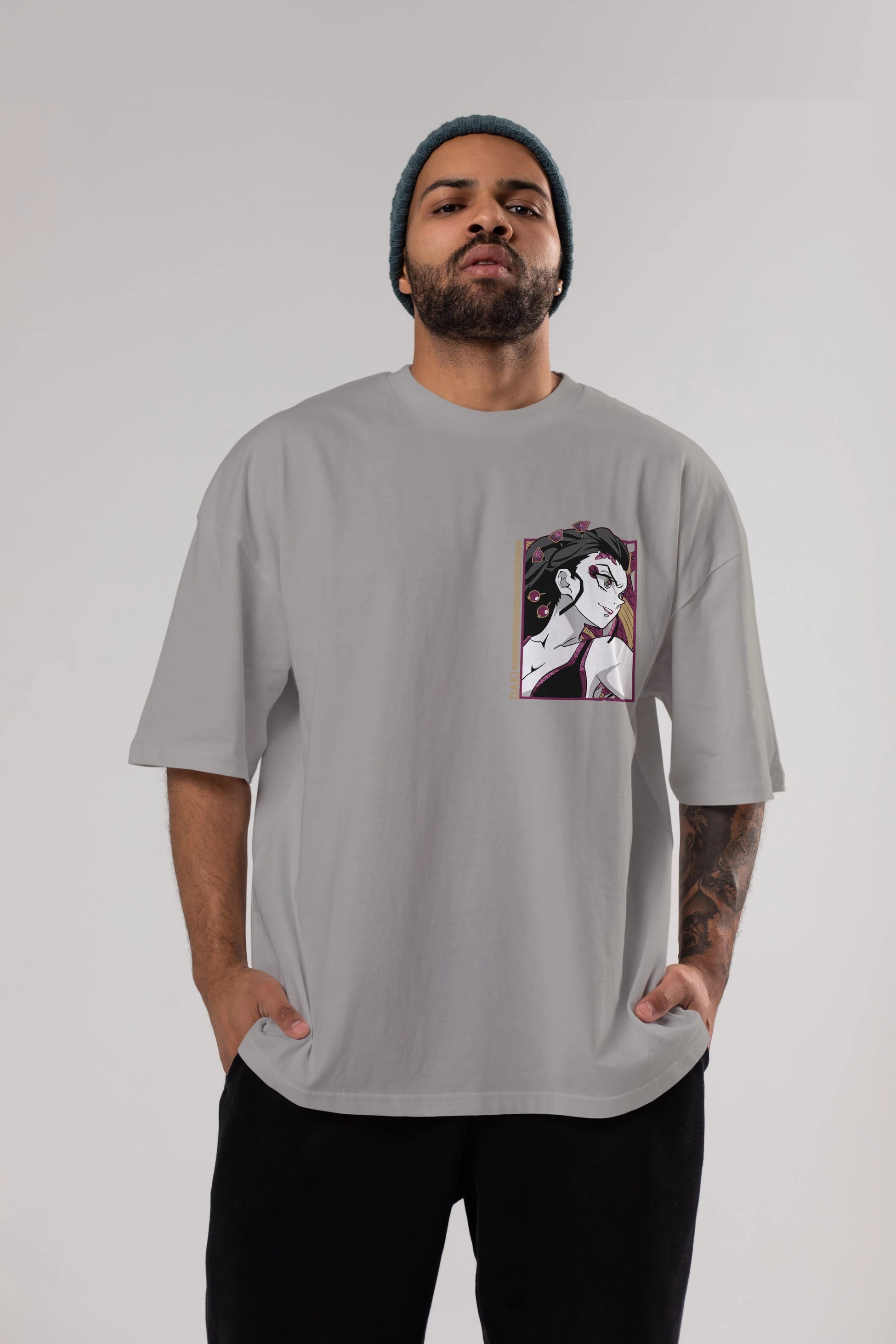 Daki DEMION SLAYER Ön Sol Baskılı Oversize t-shirt Erkek Kadın Unisex %100 Pamuk Bisiklet Yaka tişort
