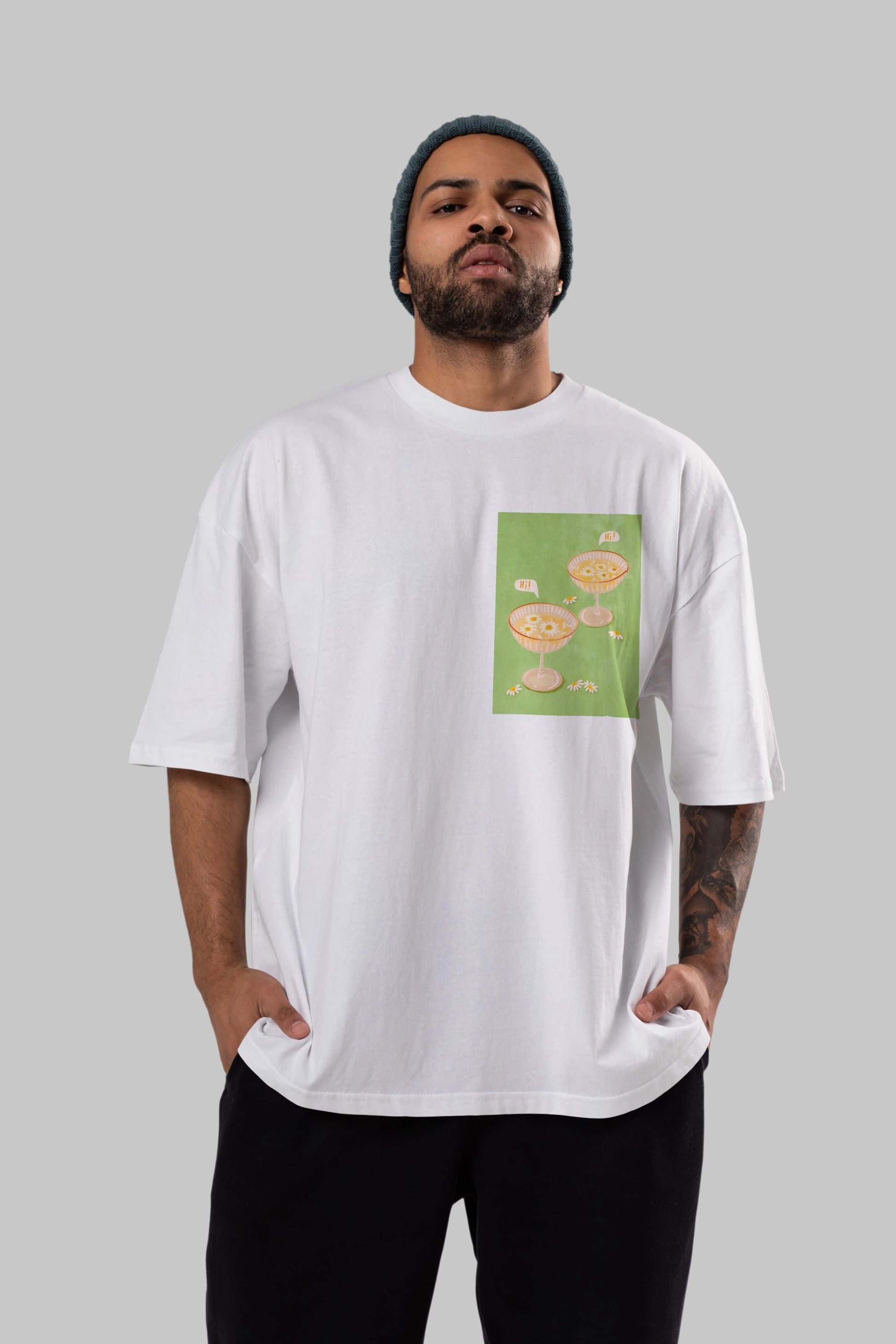 Hi Cheers Ön Sol Baskılı Oversize t-shirt Erkek Kadın Unisex %100 Pamuk Bisiklet Yaka tişort