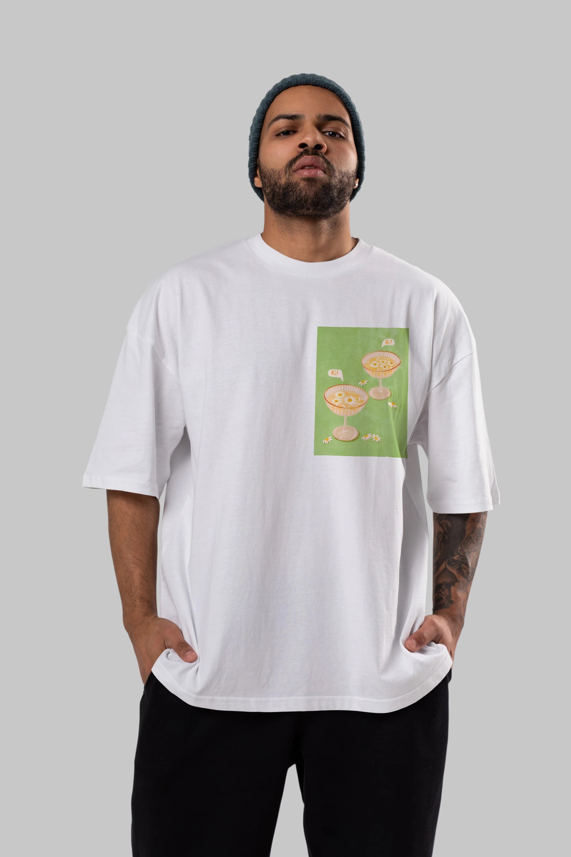Hi Cheers Ön Sol Baskılı Oversize t-shirt Erkek Kadın Unisex %100 Pamuk Bisiklet Yaka tişort