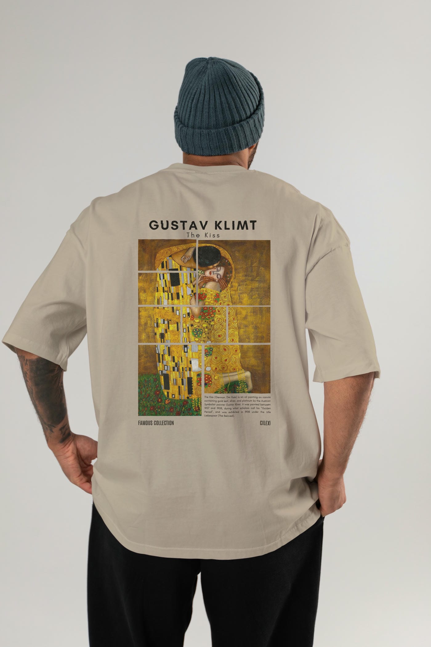 Gustav Klimt The Kiss Arka Baskılı Oversize t-shirt Erkek Kadın Bisiklet Yaka Pamuk tişort