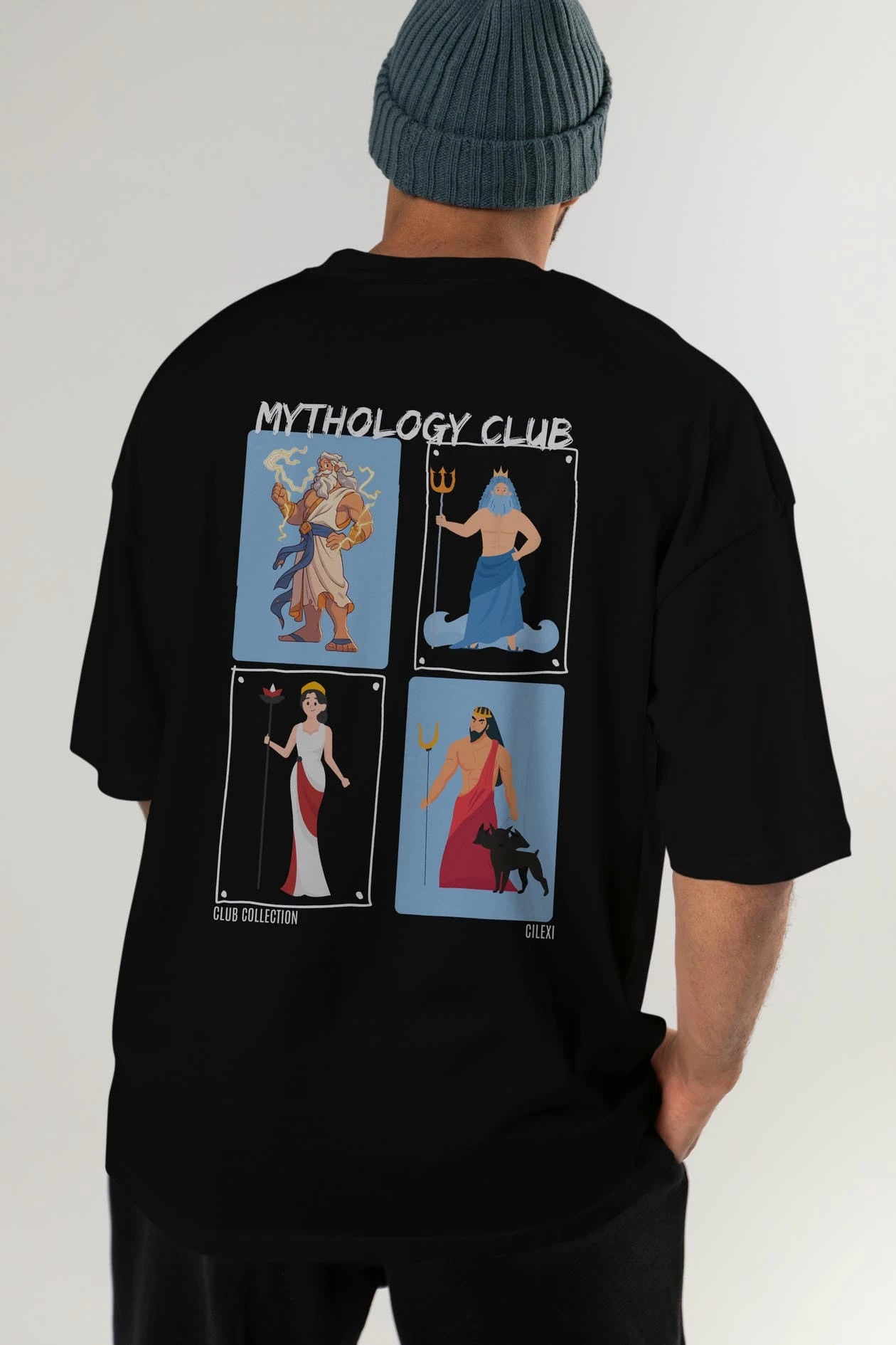 Mythology Club 2 Arka Baskılı Oversize t-shirt Erkek Kadın %100 Pamuk Bisiklet Yaka tişort