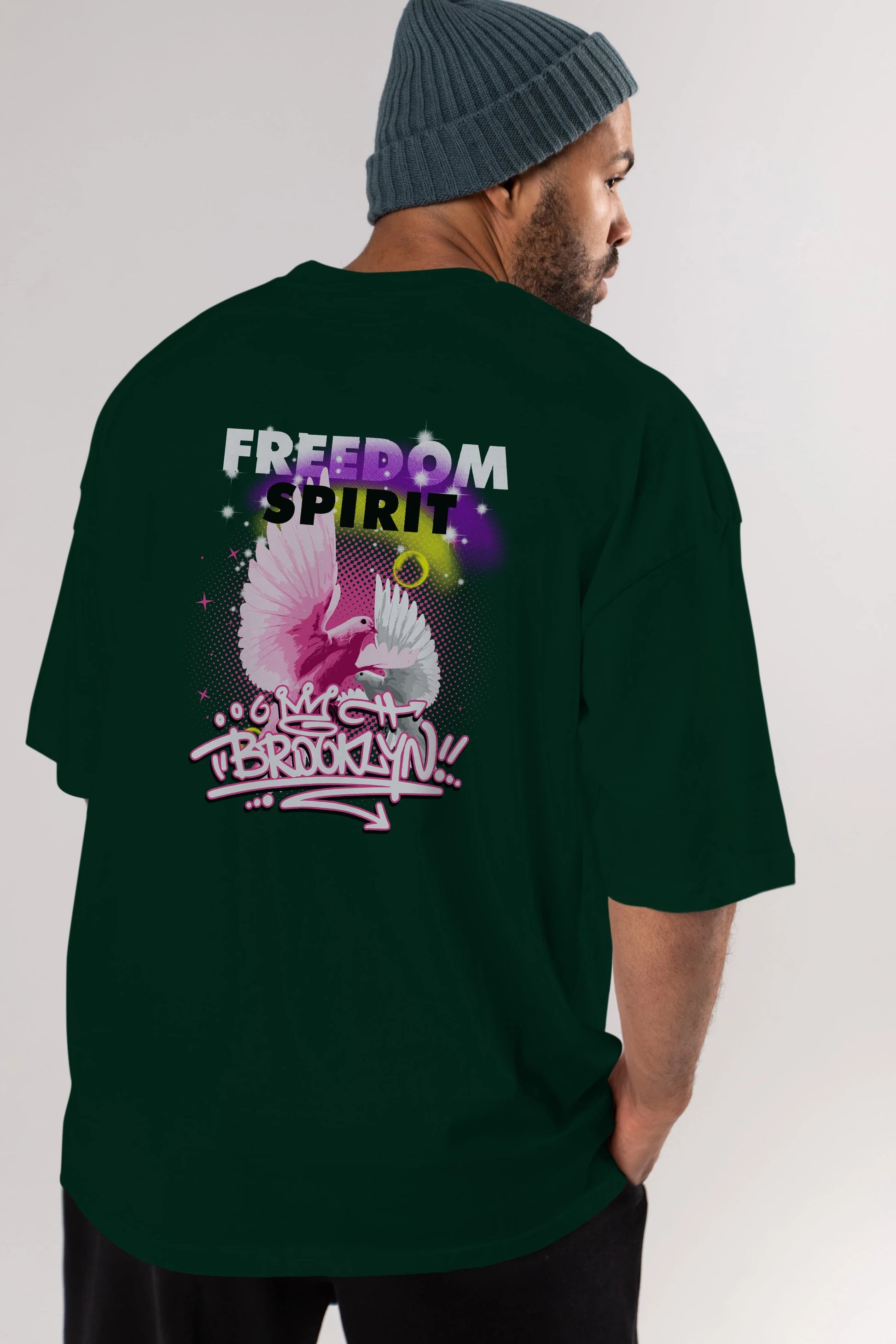 Freedom Spirit Brooklyn Arka Baskılı Oversize t-shirt Erkek Kadın Unisex