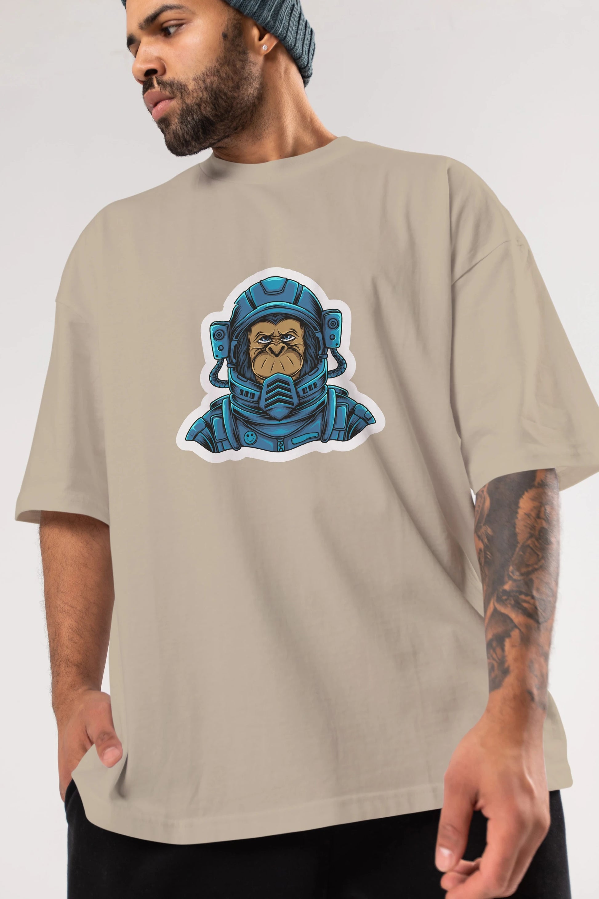 Astromonkey Sticker Ön Baskılı Oversize t-shirt Erkek Kadın Unisex