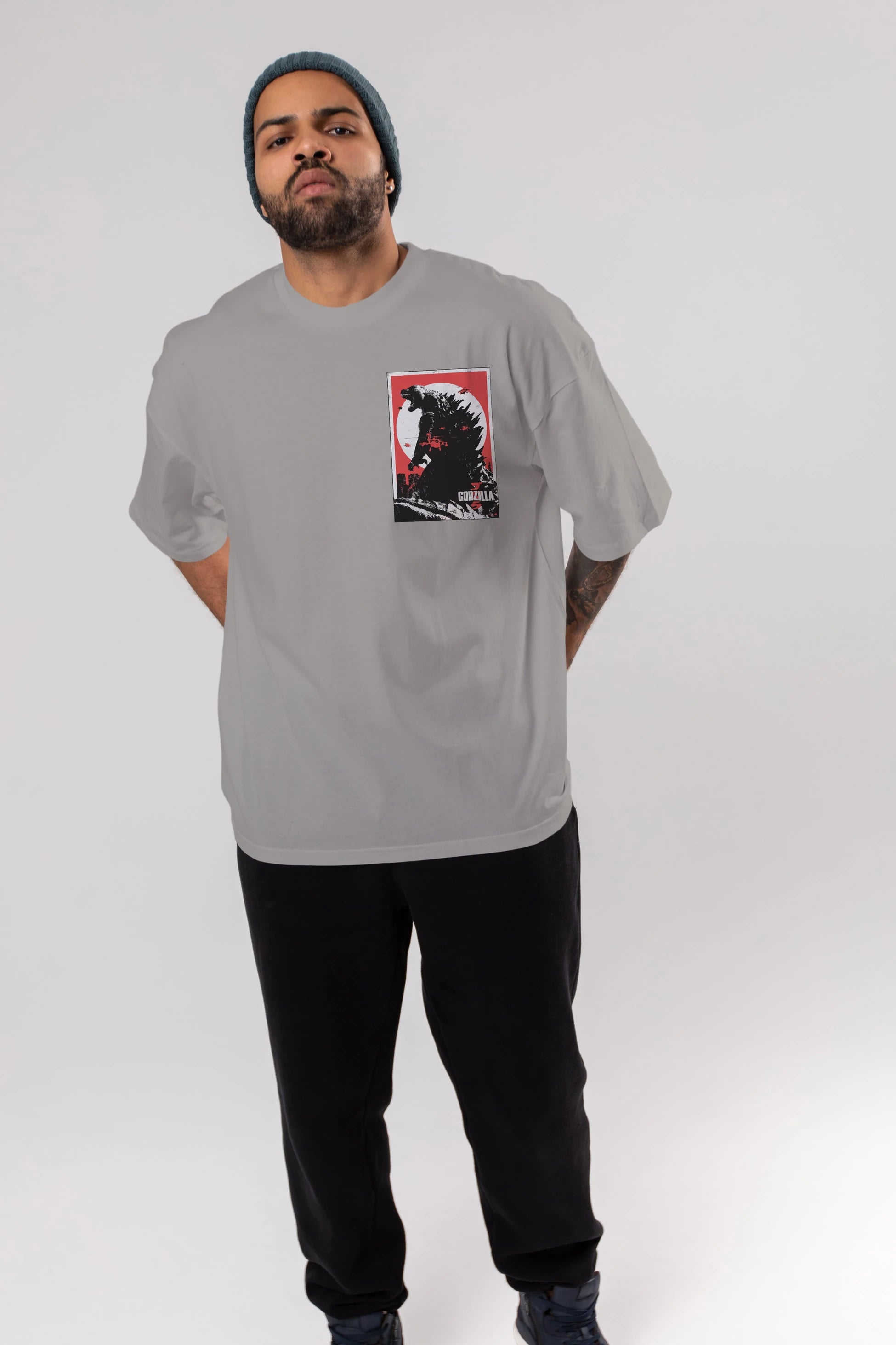 Godzilla (2) Ön Sol Baskılı Oversize t-shirt Erkek Kadın Unisex %100 Pamuk Bisiklet Yaka tişort