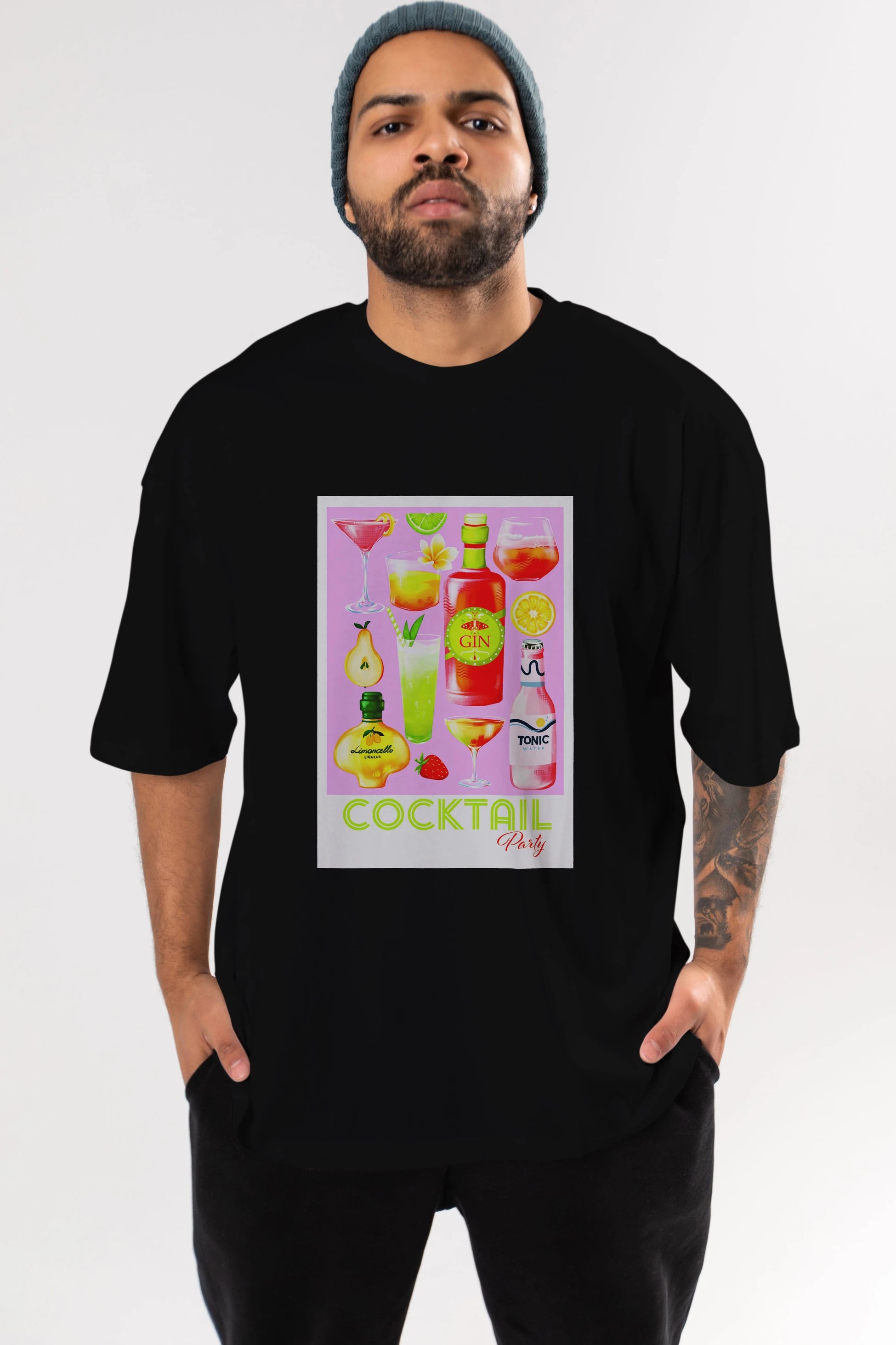 Cocktail Party Ön Baskılı Oversize t-shirt Erkek Kadın Unisex %100 Pamuk Bisiklet Yaka tişort