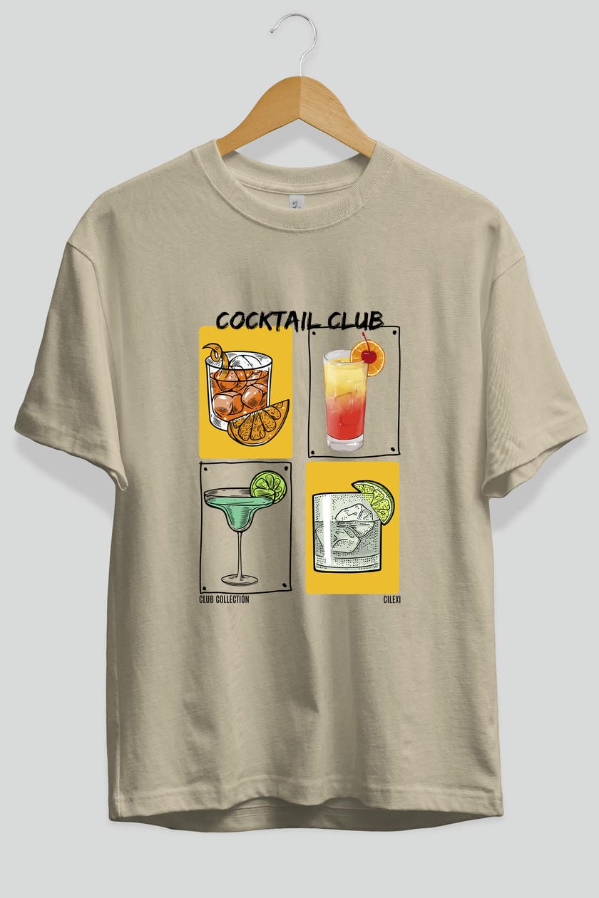 Cocktail Club ön Baskılı Oversize t-shirt Erkek Kadın %100 Pamuk Bisiklet Yaka tişort