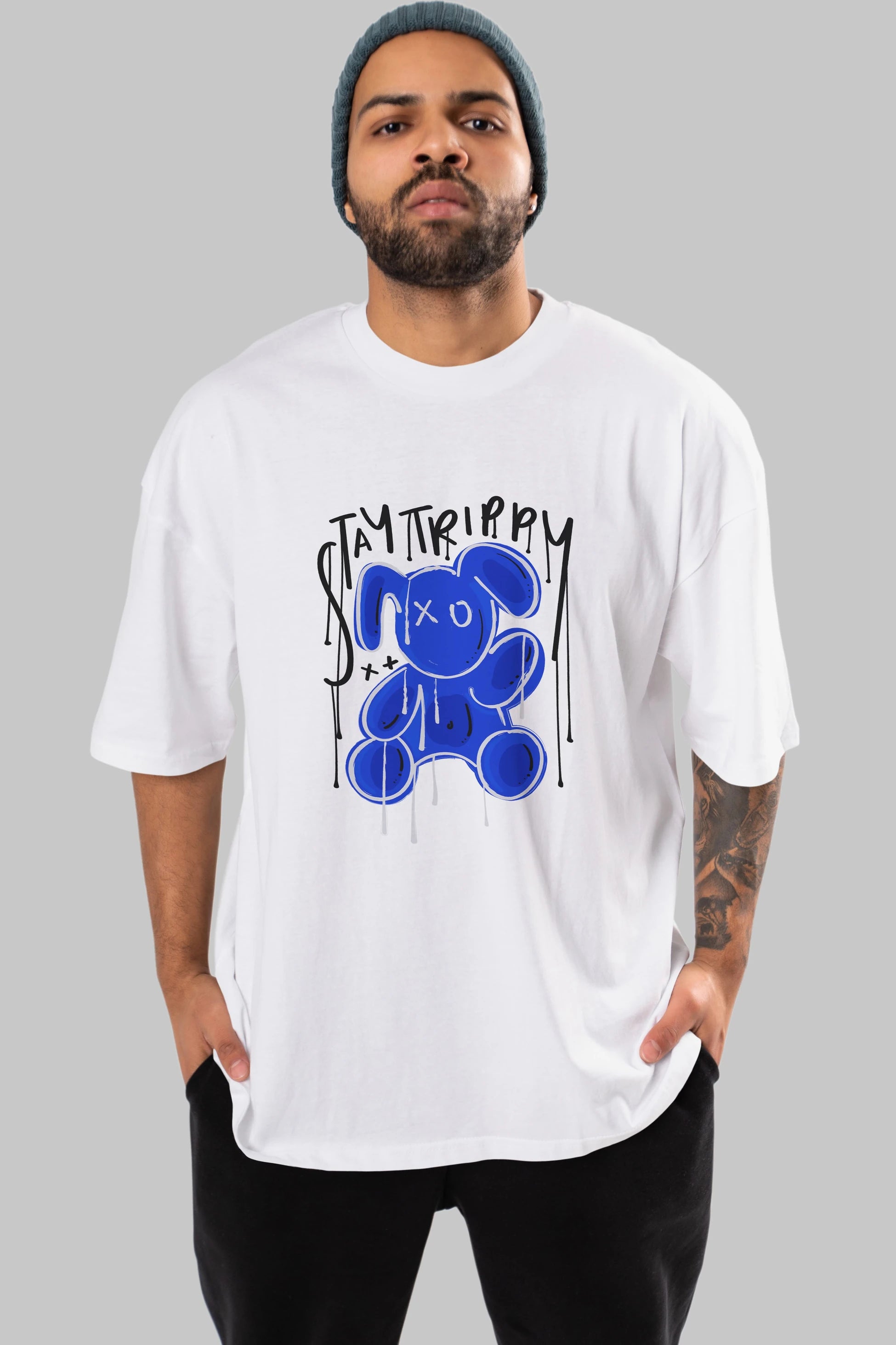 Stay Trippy Bear Ön Baskılı Oversize t-shirt Erkek Kadın Unisex
