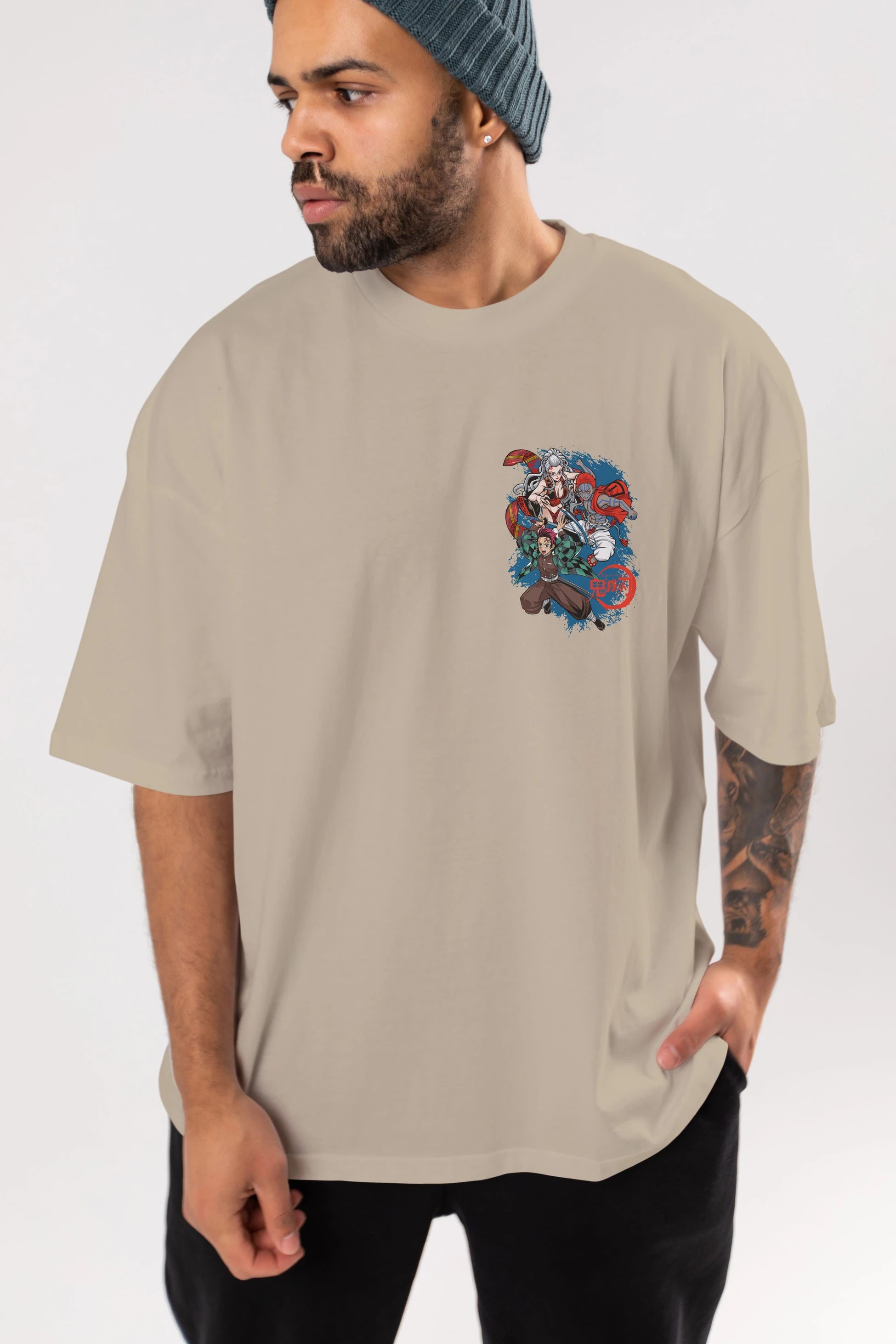 TANJIRO ,AKAZA,DAKI Ön Sol Baskılı Oversize t-shirt Erkek Kadın Unisex %100 Pamuk Bisiklet Yaka tişort