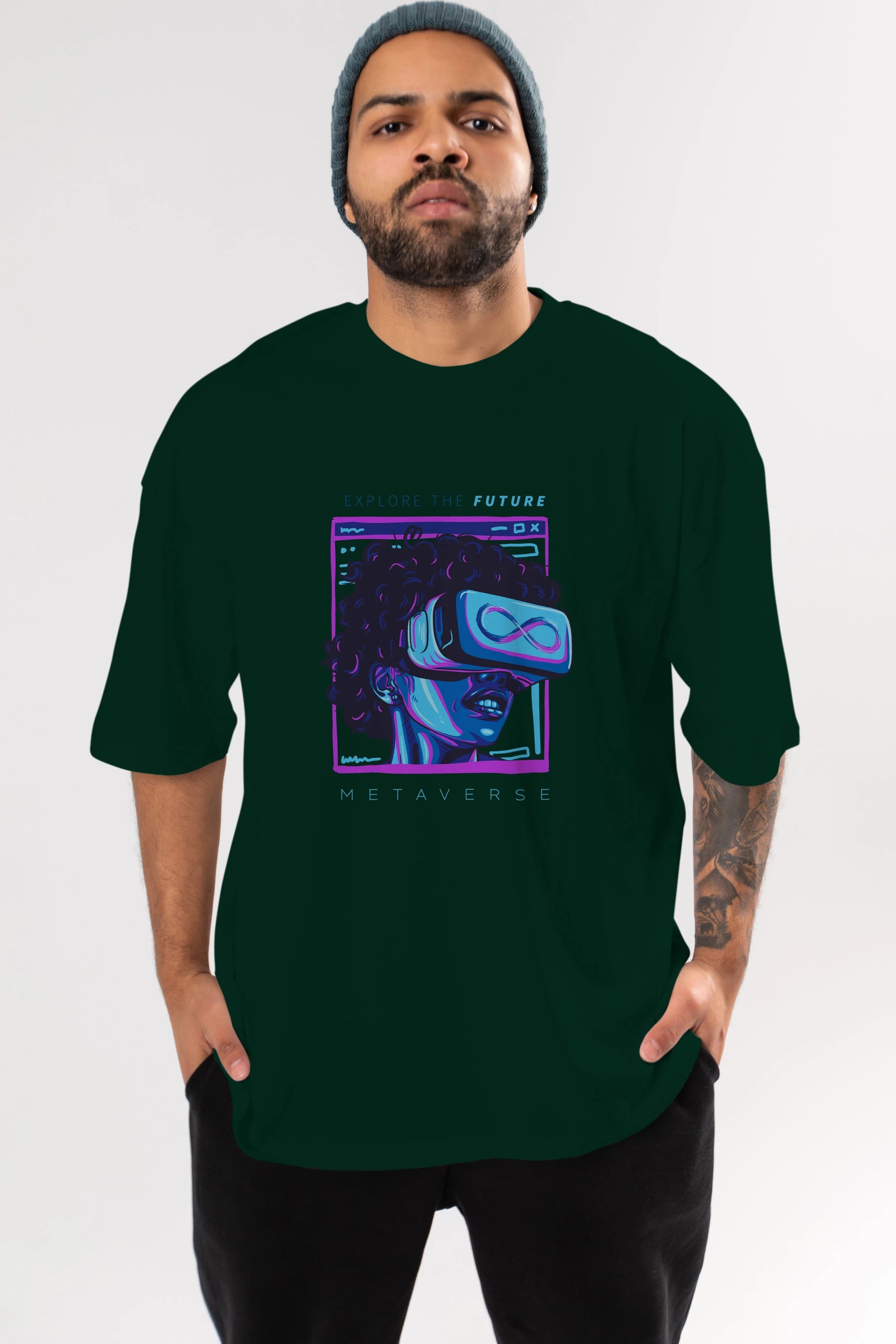 Metaverse Ön Baskılı Oversize t-shirt Erkek Kadın Unisex