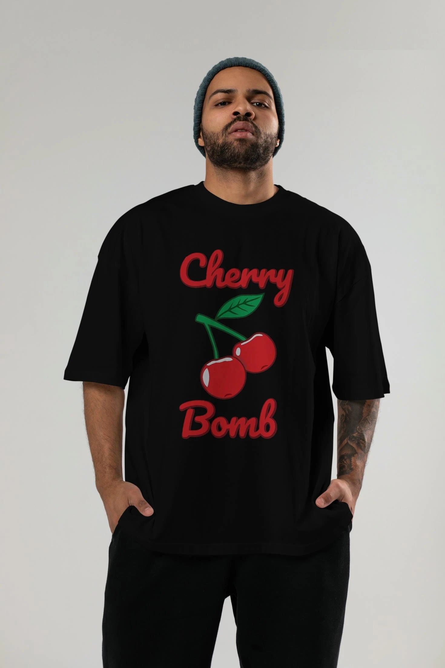 Cherry Bomb Cherries 1 Ön Baskılı Oversize t-shirt Erkek Kadın Pamuk Bisiklet Yaka tişort