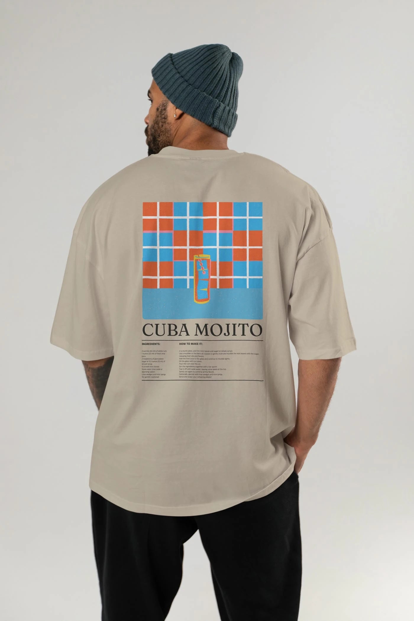 Cuba Mojıto Kokteyl Serisi Arka Baskılı Oversize t-shirt Erkek Kadın %100 Pamuk Bisiklet Yaka tişort