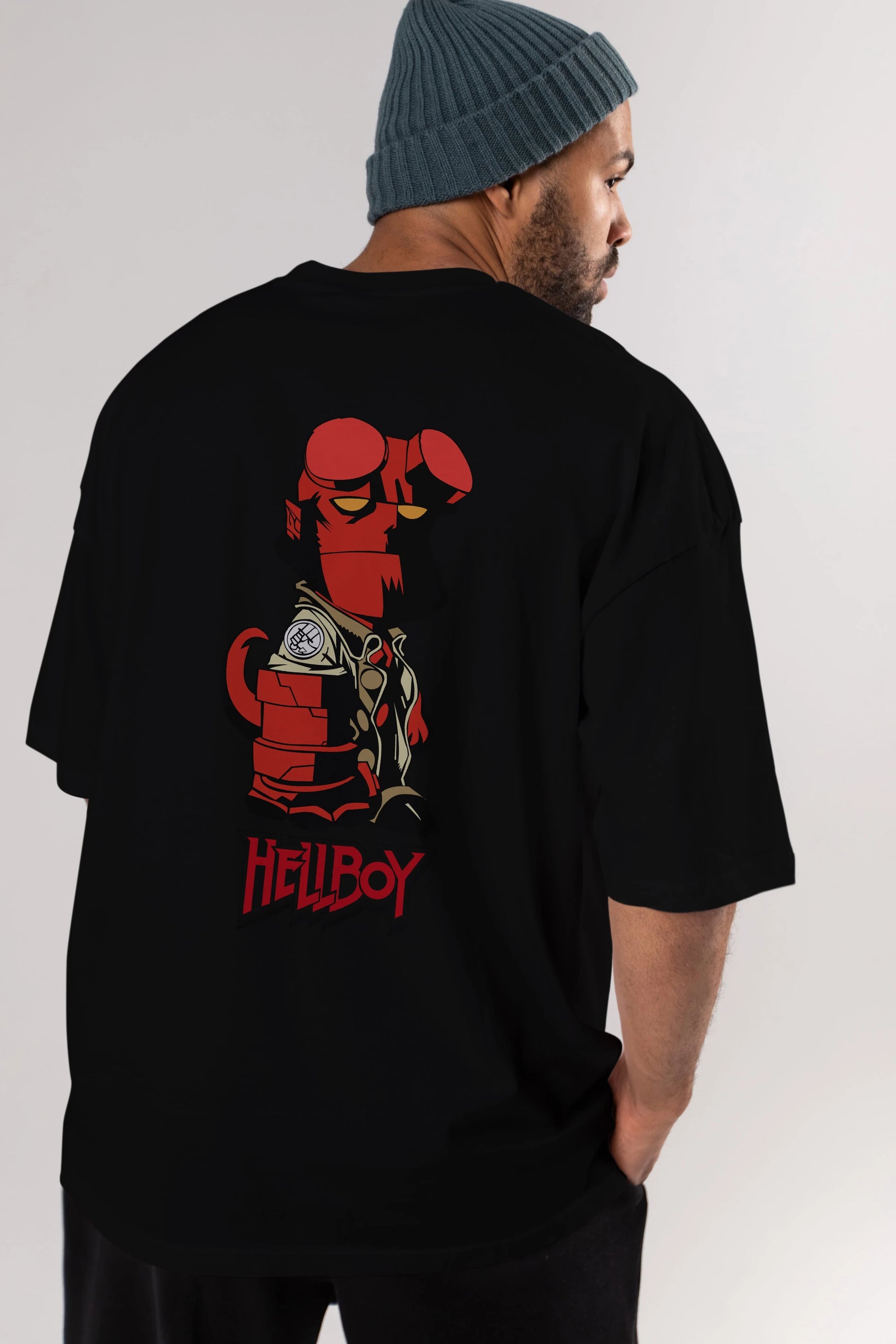Hellboy (1) Arka Baskılı Oversize t-shirt Erkek Kadın Unisex %100 Pamuk Bisiklet Yaka tişort