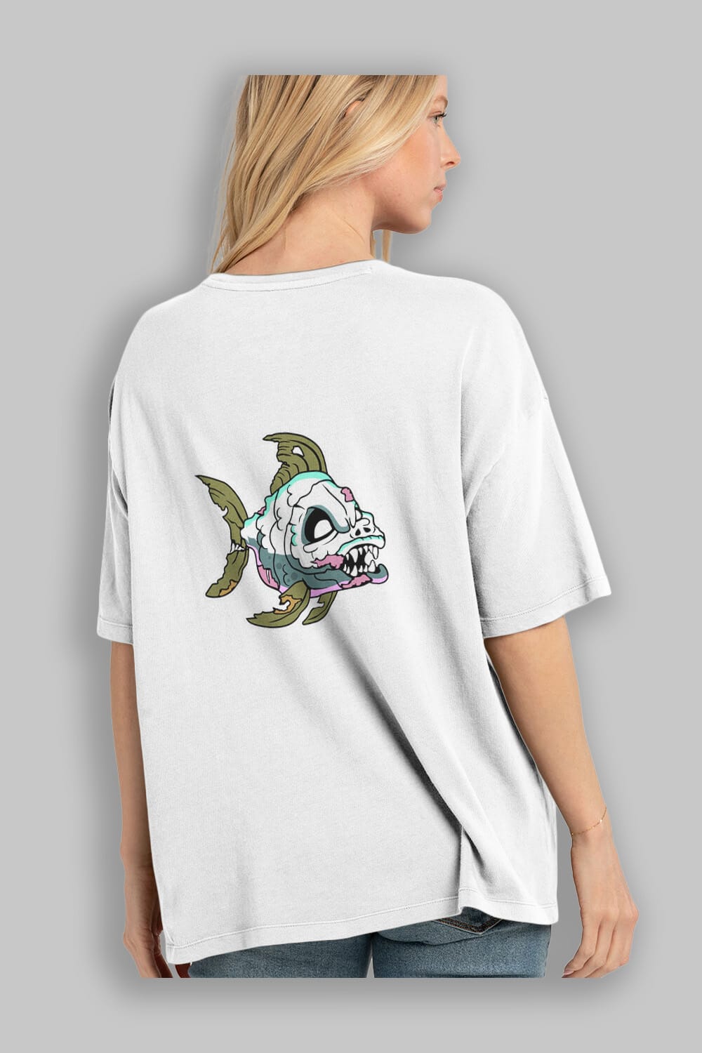 Fish Monster Arka Baskılı Oversize t-shirt Erkek Kadın Unisex %100 Pamuk tişort