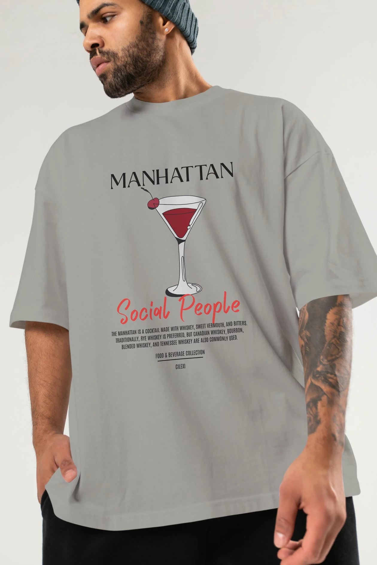 Manhattan Kokteyl Serisi ön Baskılı Oversize t-shirt Erkek Kadın %100 Pamuk Bisiklet Yaka tişort