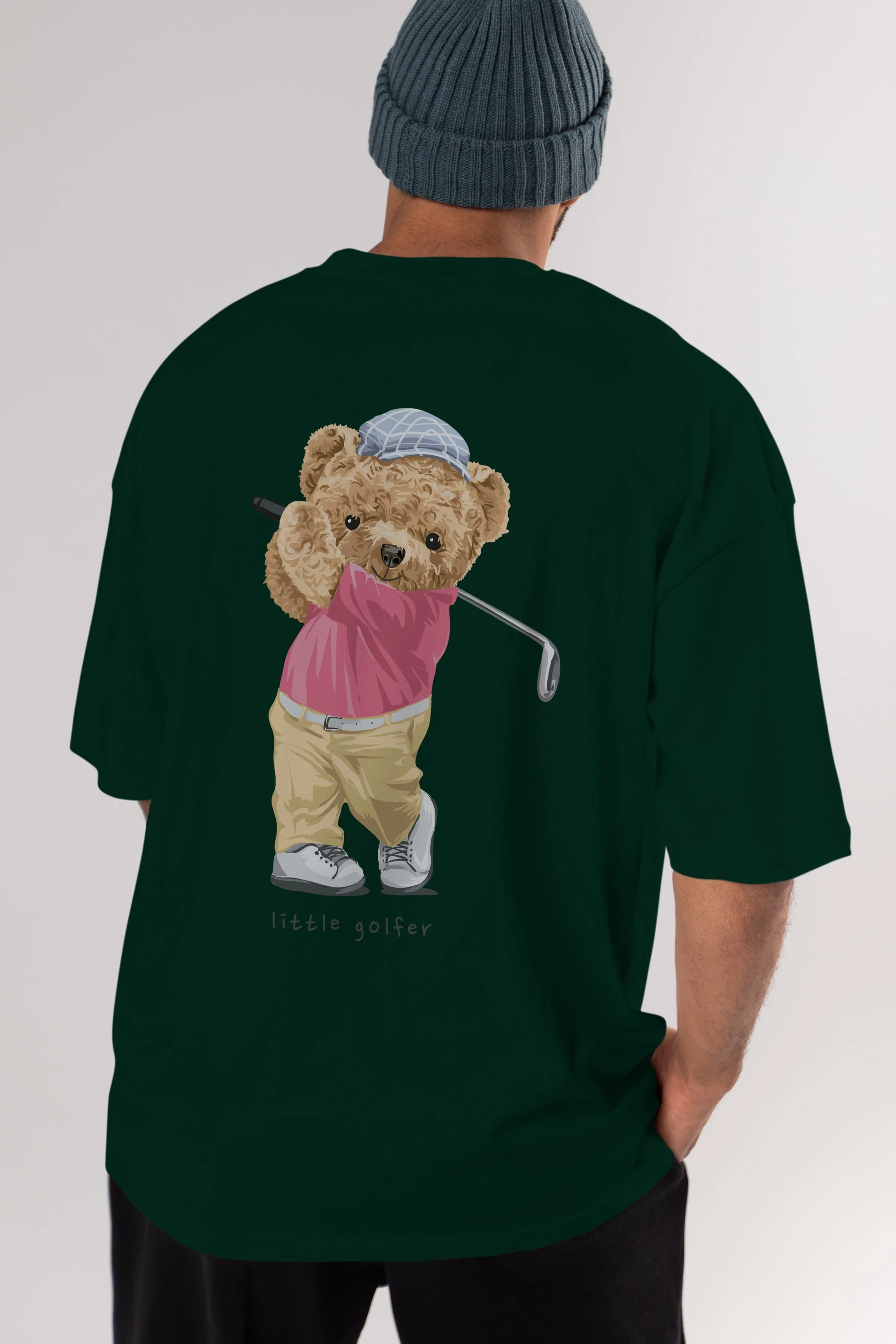 Teddy Bear Little Golfer Arka Baskılı Oversize t-shirt Erkek Kadın Unisex %100 Pamuk
