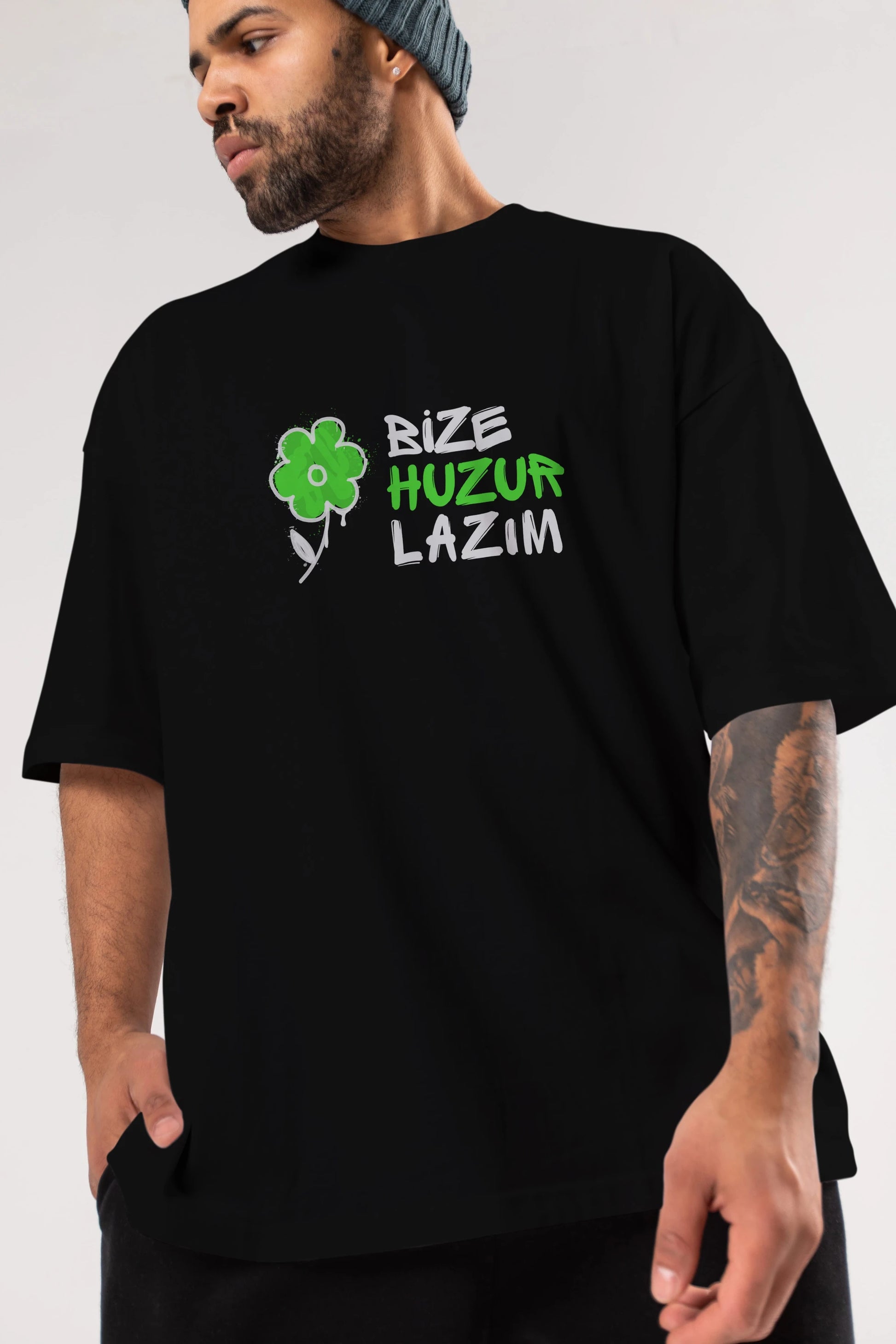 Bize Huzur Lazım Ön Baskılı Oversize t-shirt Erkek Kadın Unisex
