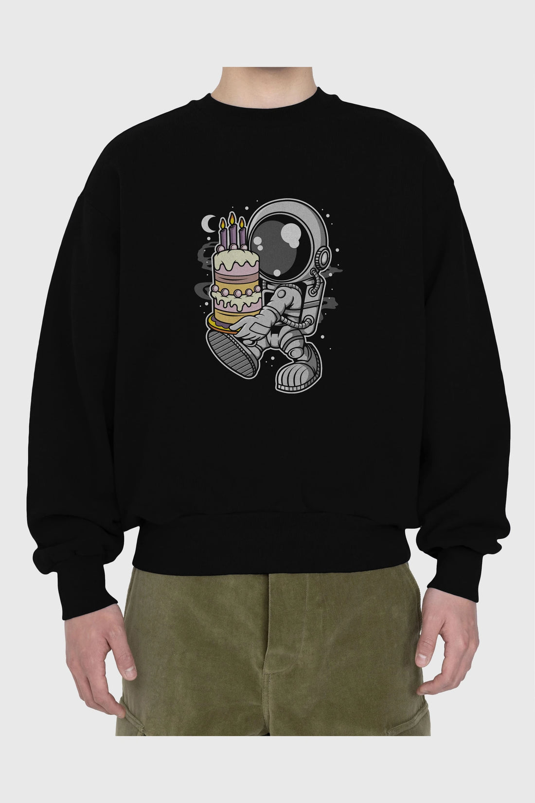 Astronaut Birthday Cake Ön Baskılı Oversize Sweatshirt Erkek Kadın Unisex