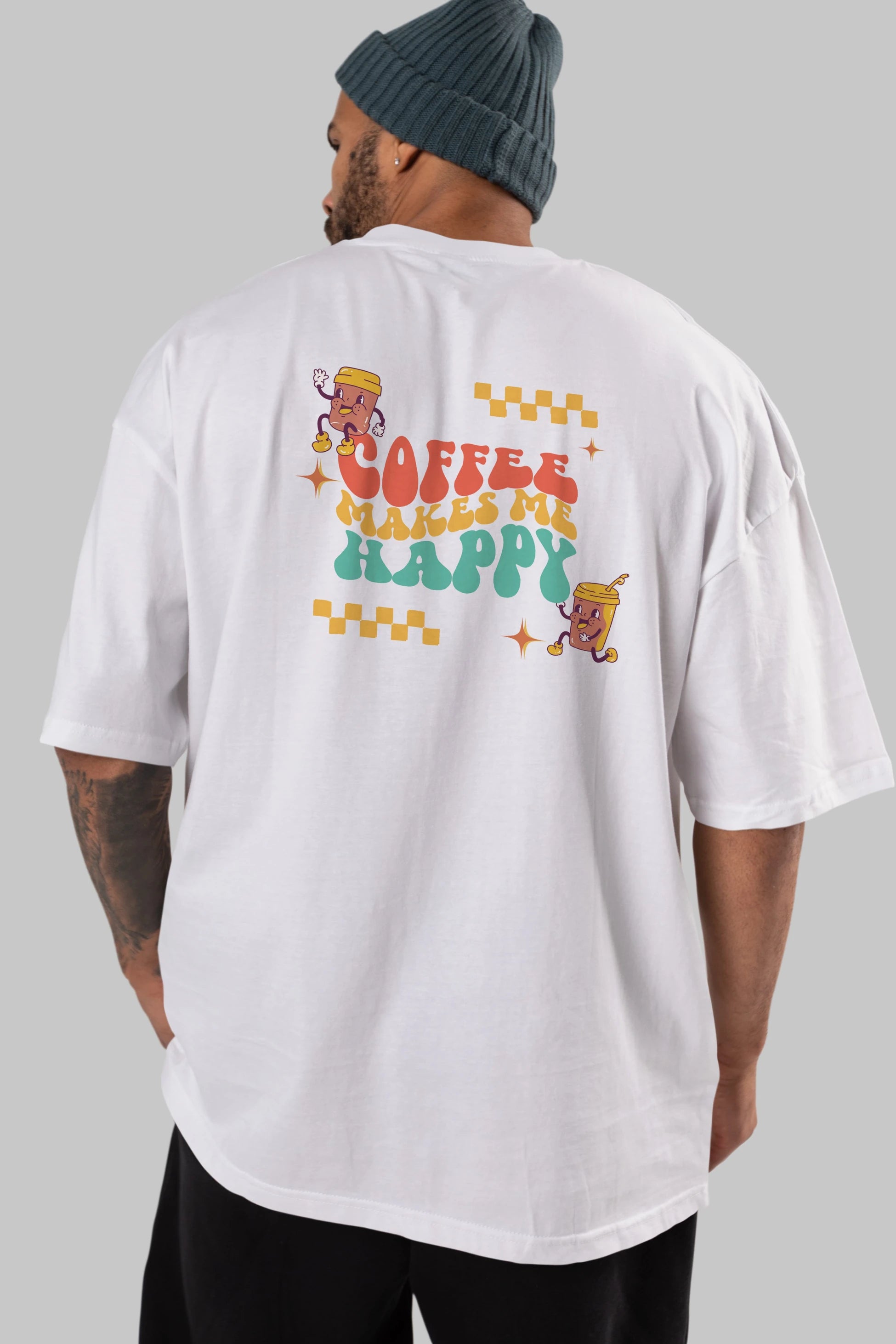 Coffee Makes Me Happy Yazılı Arka Baskılı Oversize t-shirt Erkek Kadın Unisex