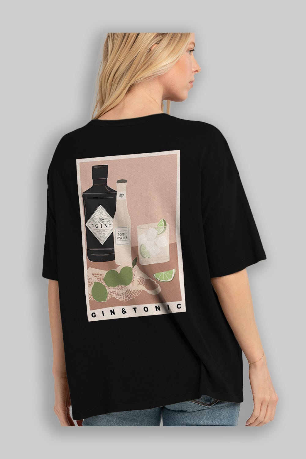 Gin Tonic Arka Baskılı Oversize t-shirt Erkek Kadın Unisex %100 Pamuk Bisiklet Yaka tişort