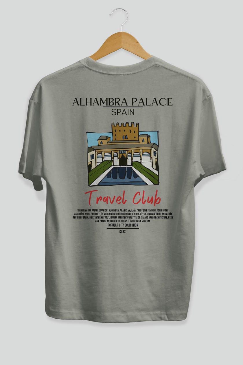 Alhambra Palace Spain Arka Baskılı Oversize t-shirt Erkek Kadın Pamuk Bisiklet Yaka tişort
