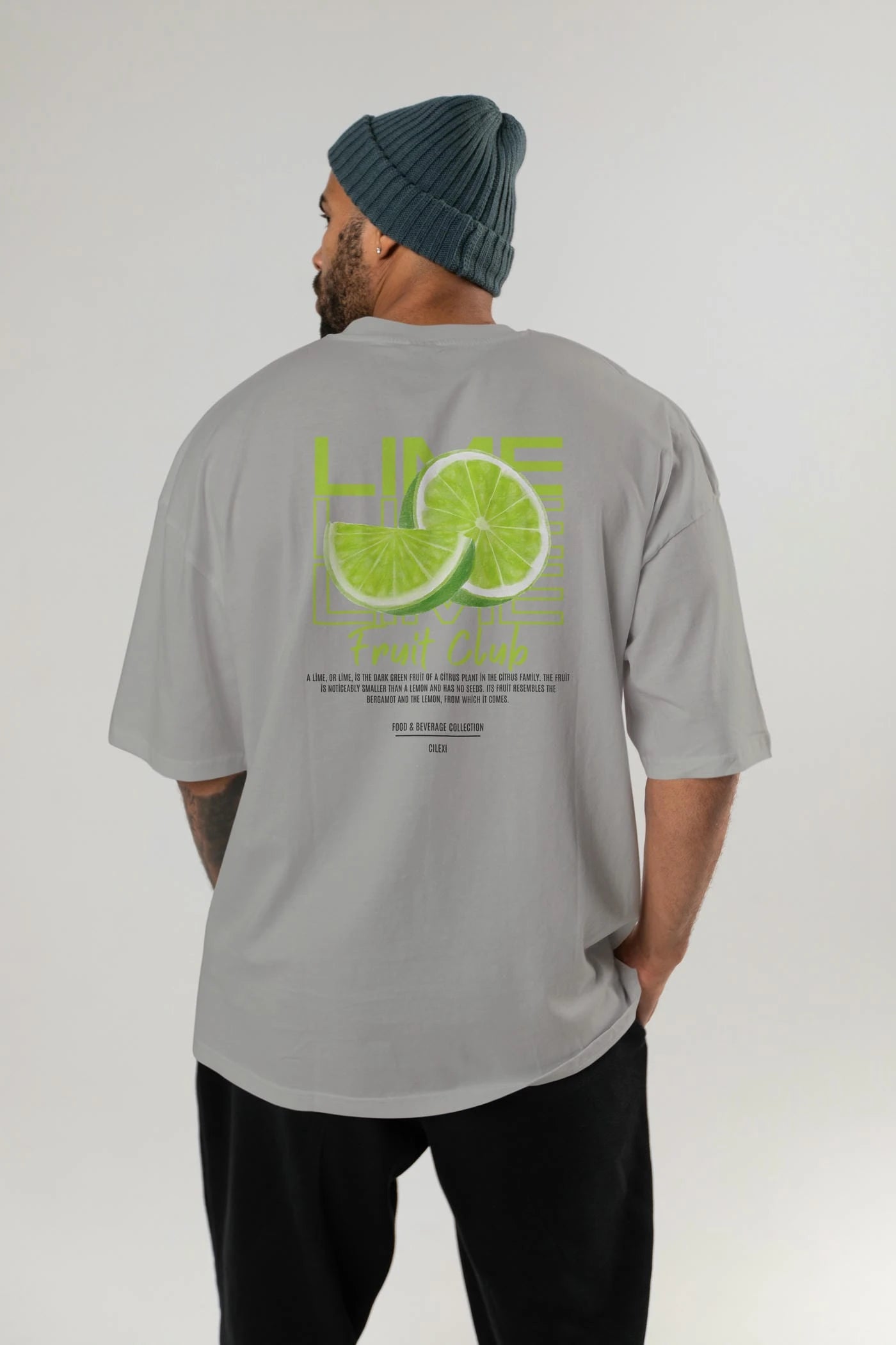 Lime Arka Baskılı Oversize t-shirt Erkek Kadın Pamuk Bisiklet Yaka tişort