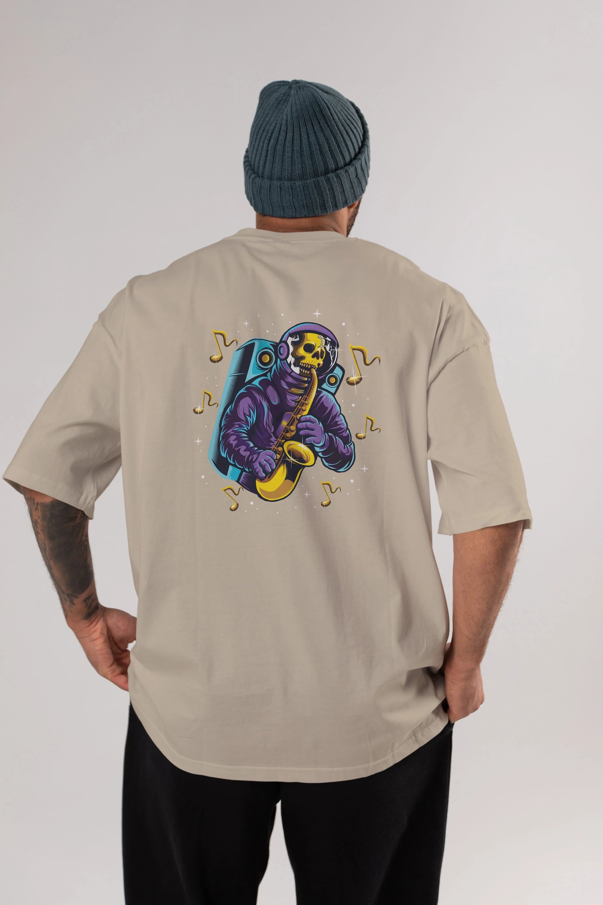 Astroskull Saxophonist Arka Baskılı Oversize t-shirt Erkek Kadın Unisex