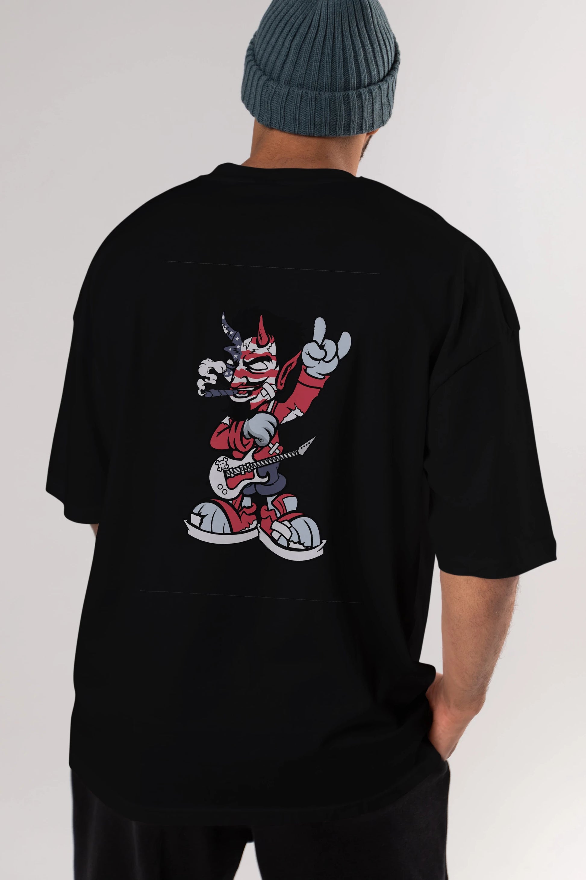 American Devil Rockstar Arka Baskılı Oversize t-shirt Erkek Kadın Unisex %100 Pamuk tişort