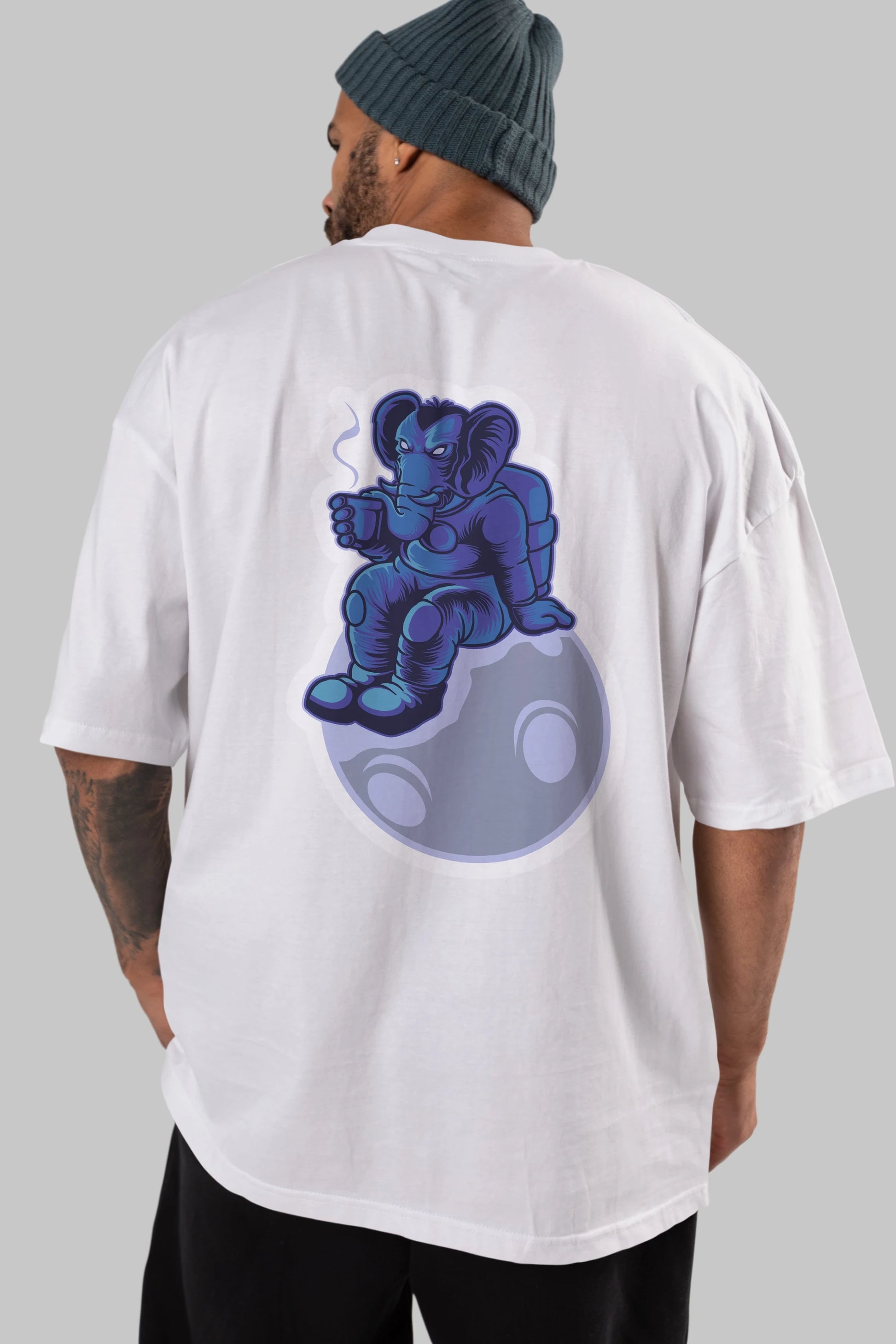 Space Elephant Drink Coffee Sticker Arka Baskılı Oversize t-shirt Erkek Kadın Unisex