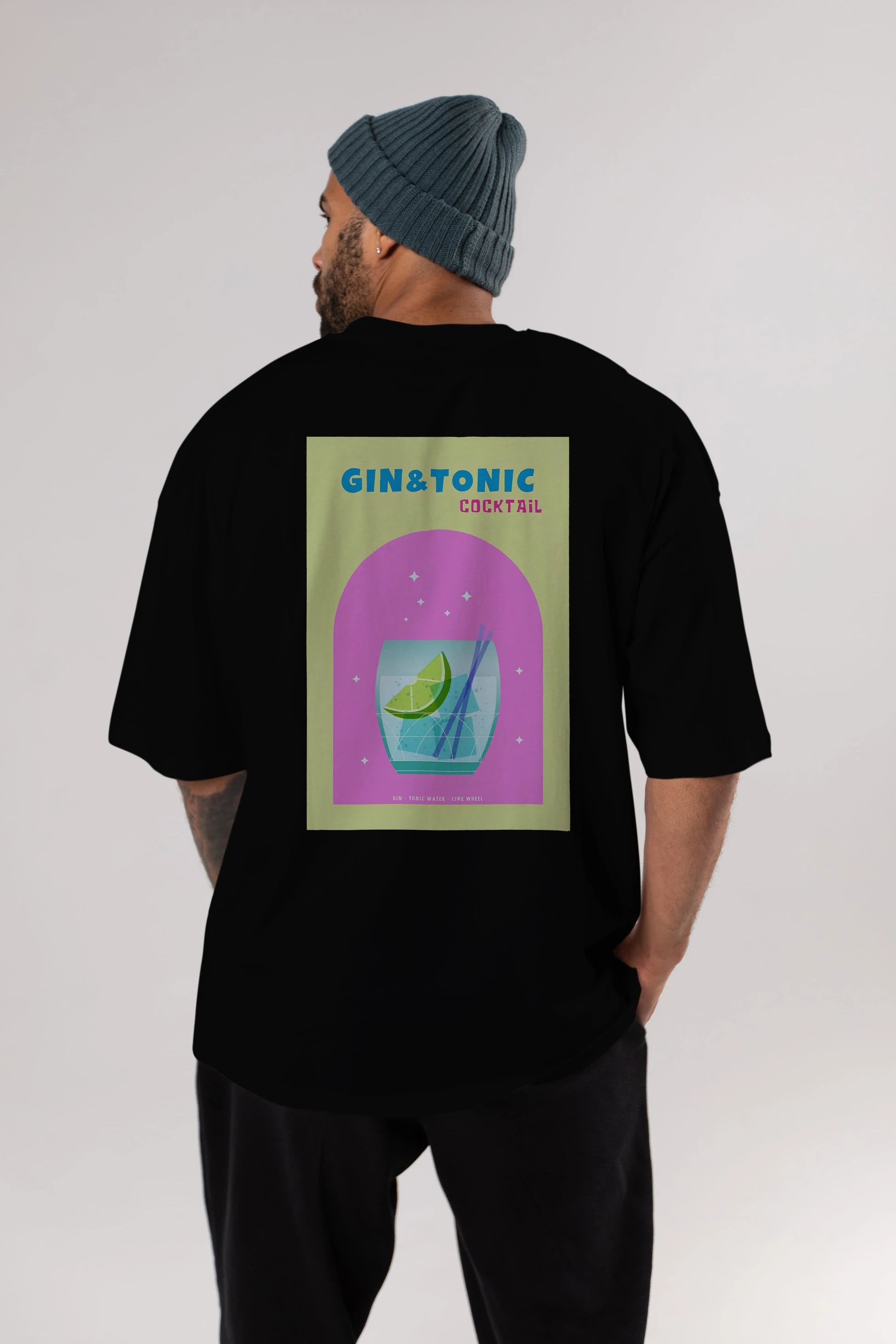 Gin Tonic Cocktail Arka Baskılı Oversize t-shirt Erkek Kadın Unisex %100 Pamuk Bisiklet Yaka tişort