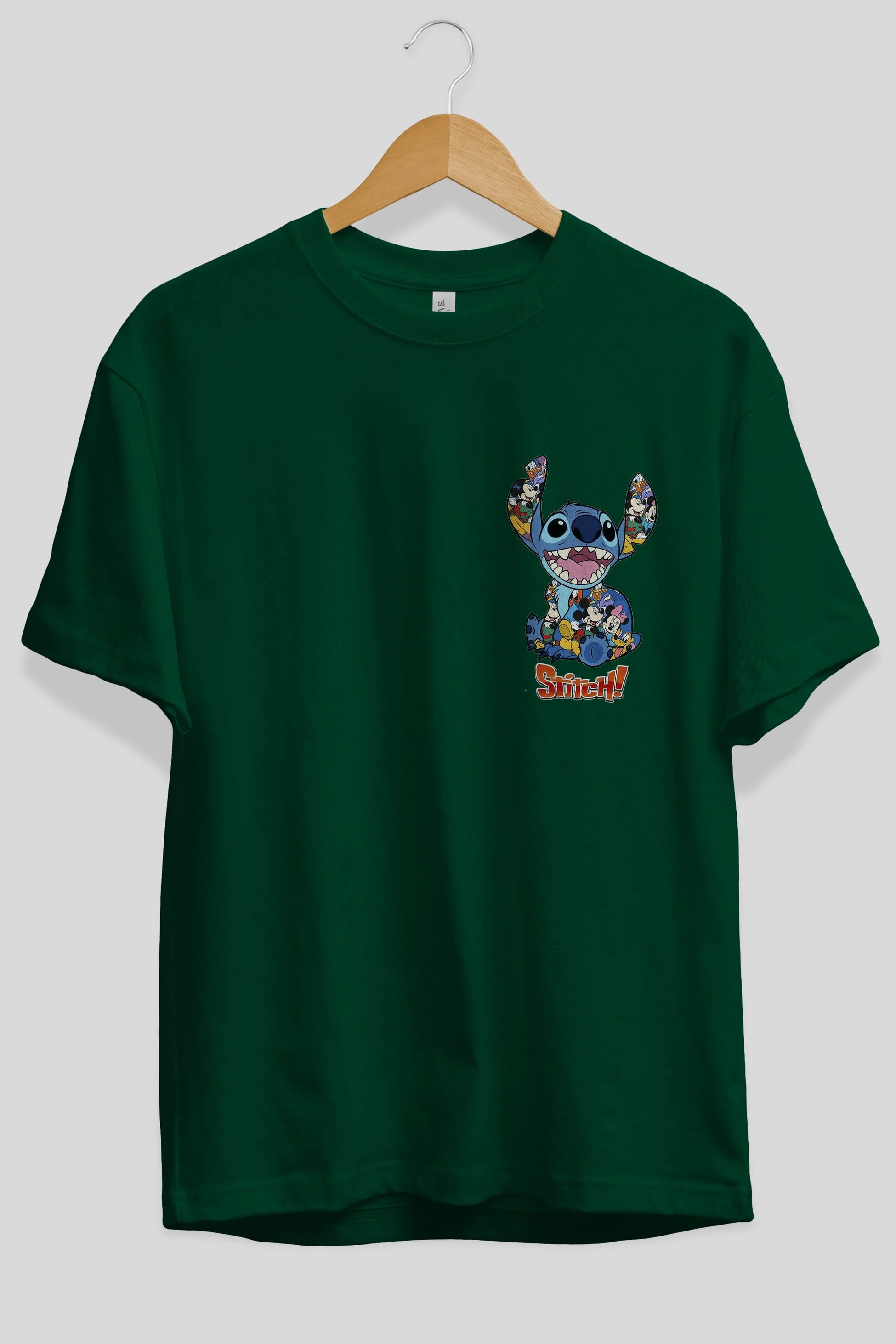 Stitch Ön Sol Baskılı Oversize t-shirt Erkek Kadın Unisex %100 Pamuk Bisiklet Yaka tişort