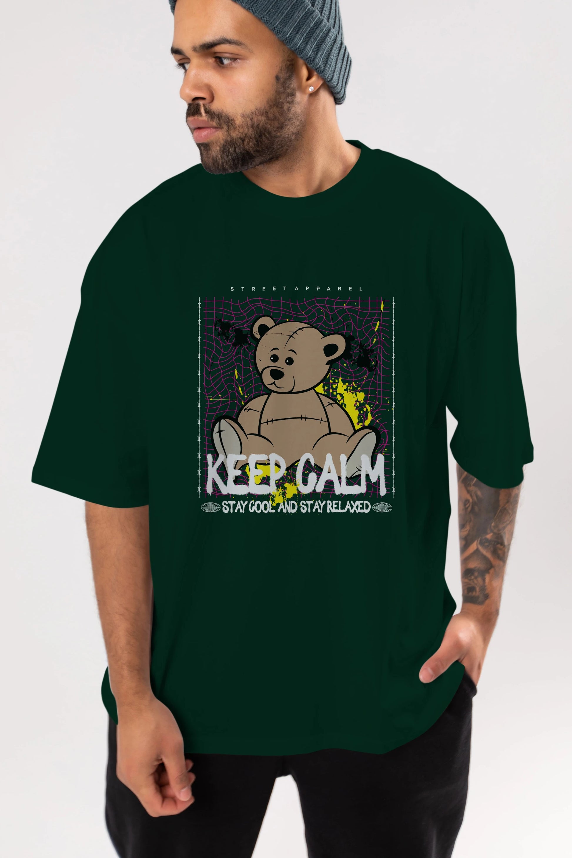 Keep Calm Bear Ön Baskılı Oversize t-shirt Erkek Kadın Unisex